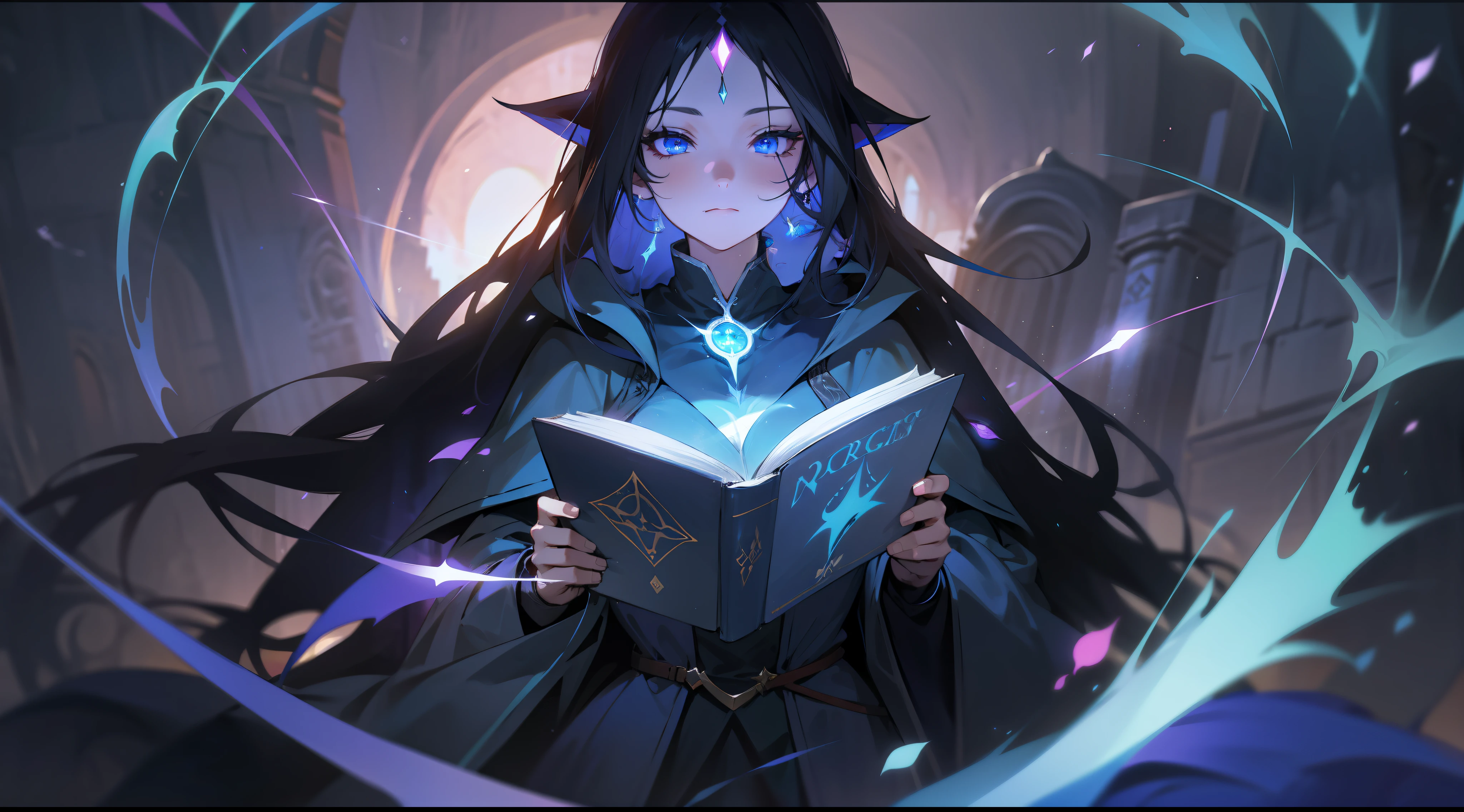dark sorceress, magician, long black hair, blue eyes, magic, fantasy, medieval, night, glow, arcane book