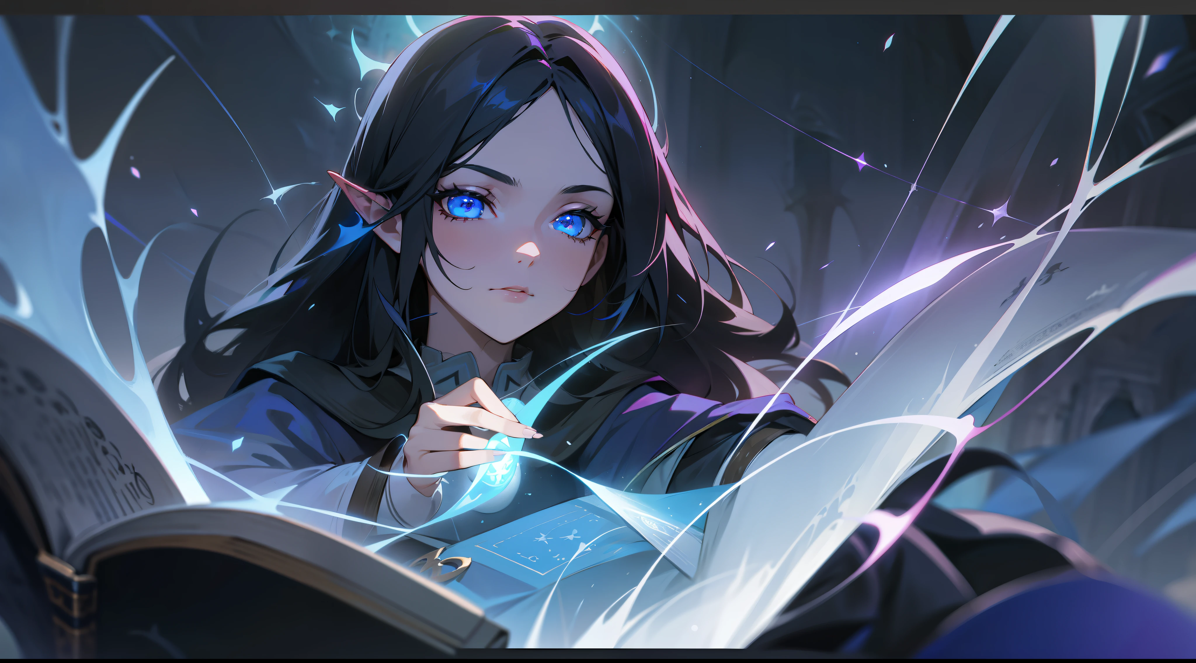 dark sorceress, magician, long black hair, blue eyes, magic, fantasy, medieval, night, glow, arcane book