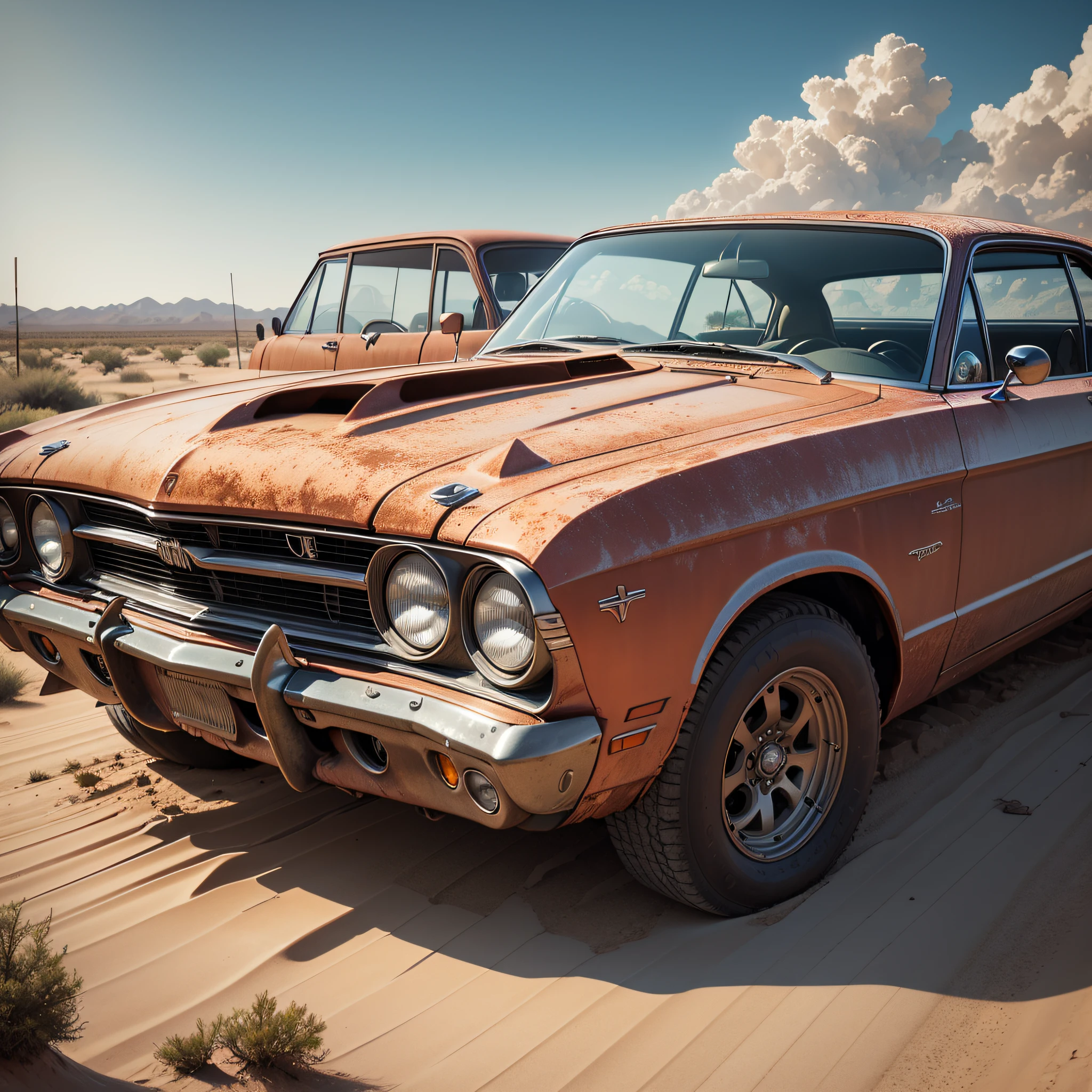 A car, a car, a muscle car, a sedan, two seats, a desert, rusty, post-apocalypse, no glass, broken, trushobs, beaten