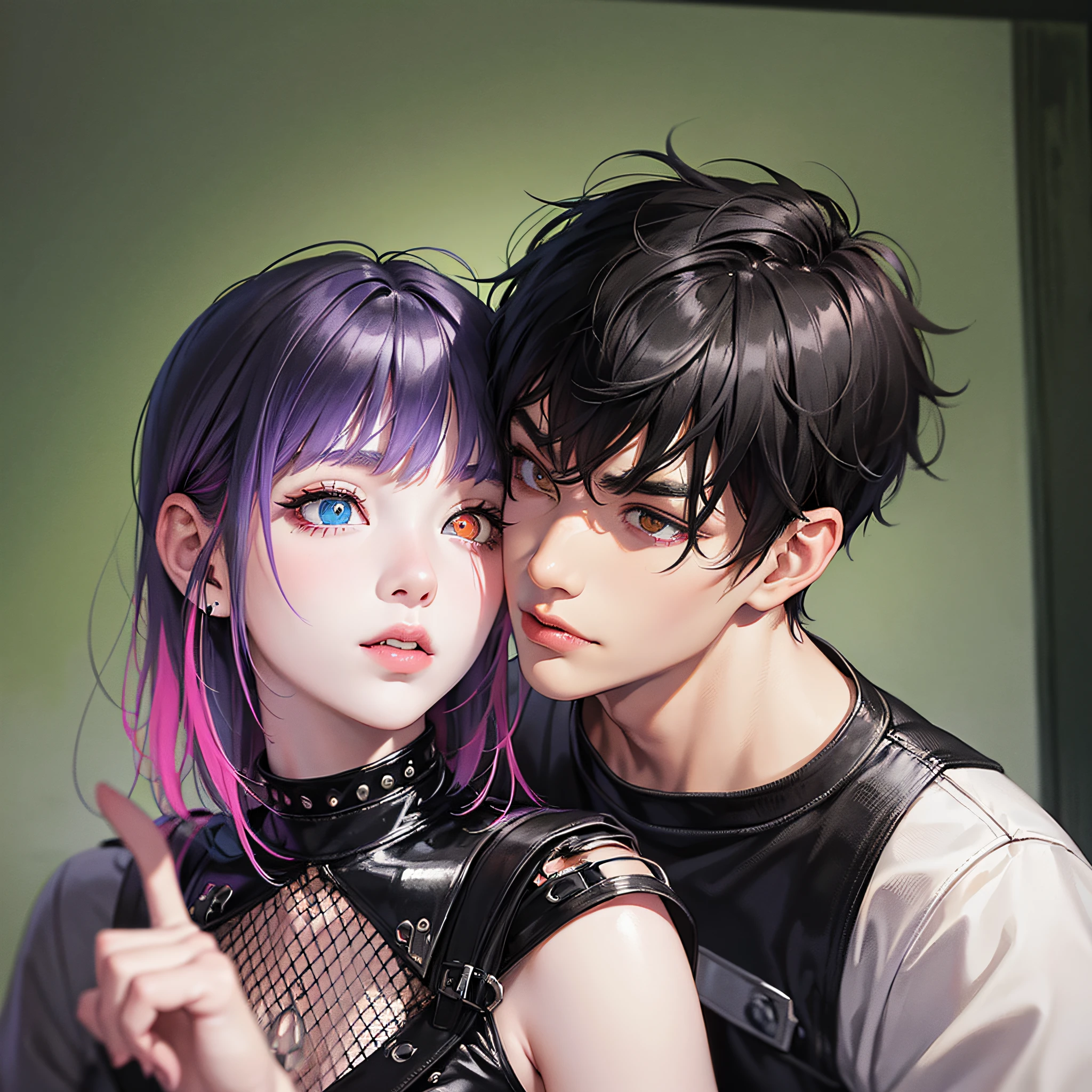 England Guy with Light skin, medium black hair, heterochromia, his left eye is orange and his right eye is green, he uses emo clothes, and is kissing a asian woman with Medium black hair with a front purple bang, white skin, pink eyes, goth clothes --auto --s2