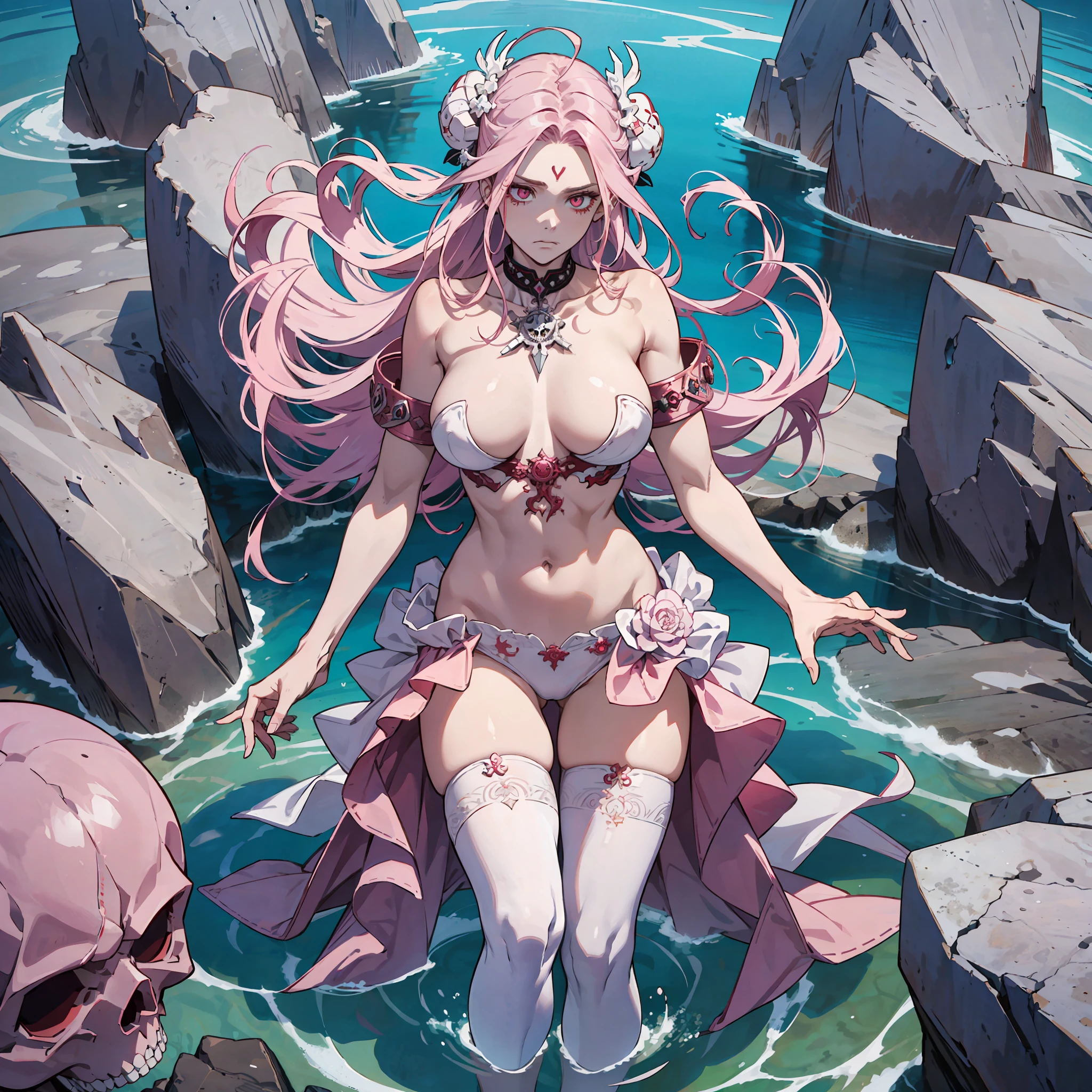 Medusa, pink hair, red-white eyes, super detailed sea surface, skull in eye reflection, background of white stone statue of muscular woman, expression of anger and hatred, symbol of feminine in the center, well-structured female body, full body bow, white stockings, high heels, super fine 4k, 8k quality