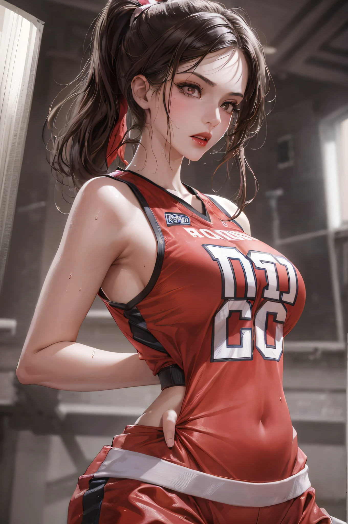 Masterpiece: 1.2, best quality), realistic, (real picture, rich details details, depth of field), (1girl, solo), makeup, cleft lip, high detail, perfect face shape, (big breasts: 1.4), (skindentation ), rough Thighs, Wide Hips, Slim Waist, Tall, Coral, Red Lips, Red Eyes, Ponytail (Girl Playing Basketball, Red Basketball Jersey), (Sweat: 1.2), (Wet), Sexy, Blushing,