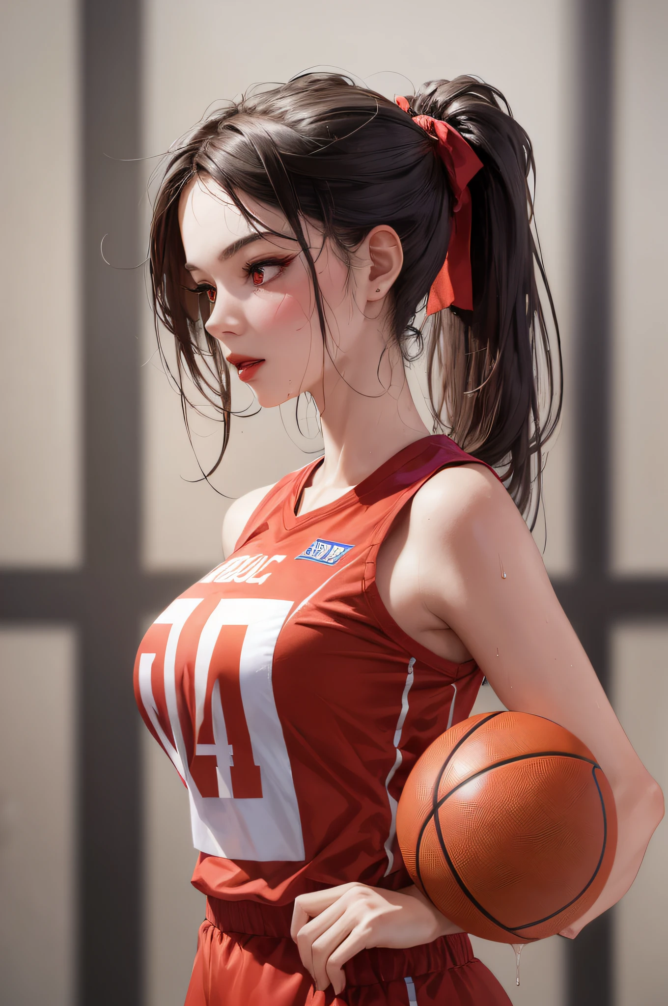 Masterpiece: 1.2, best quality), realistic, (real picture, rich details details, depth of field), (1girl, solo), makeup, cleft lip, high detail, perfect face shape, (big breasts: 1.4), (skindentation ), rough Thighs, Wide Hips, Slim Waist, Tall, Coral, Red Lips, Red Eyes, Ponytail (Girl Playing Basketball, Red Basketball Jersey), (Sweat: 1.2), (Wet), Sexy, Blushing,