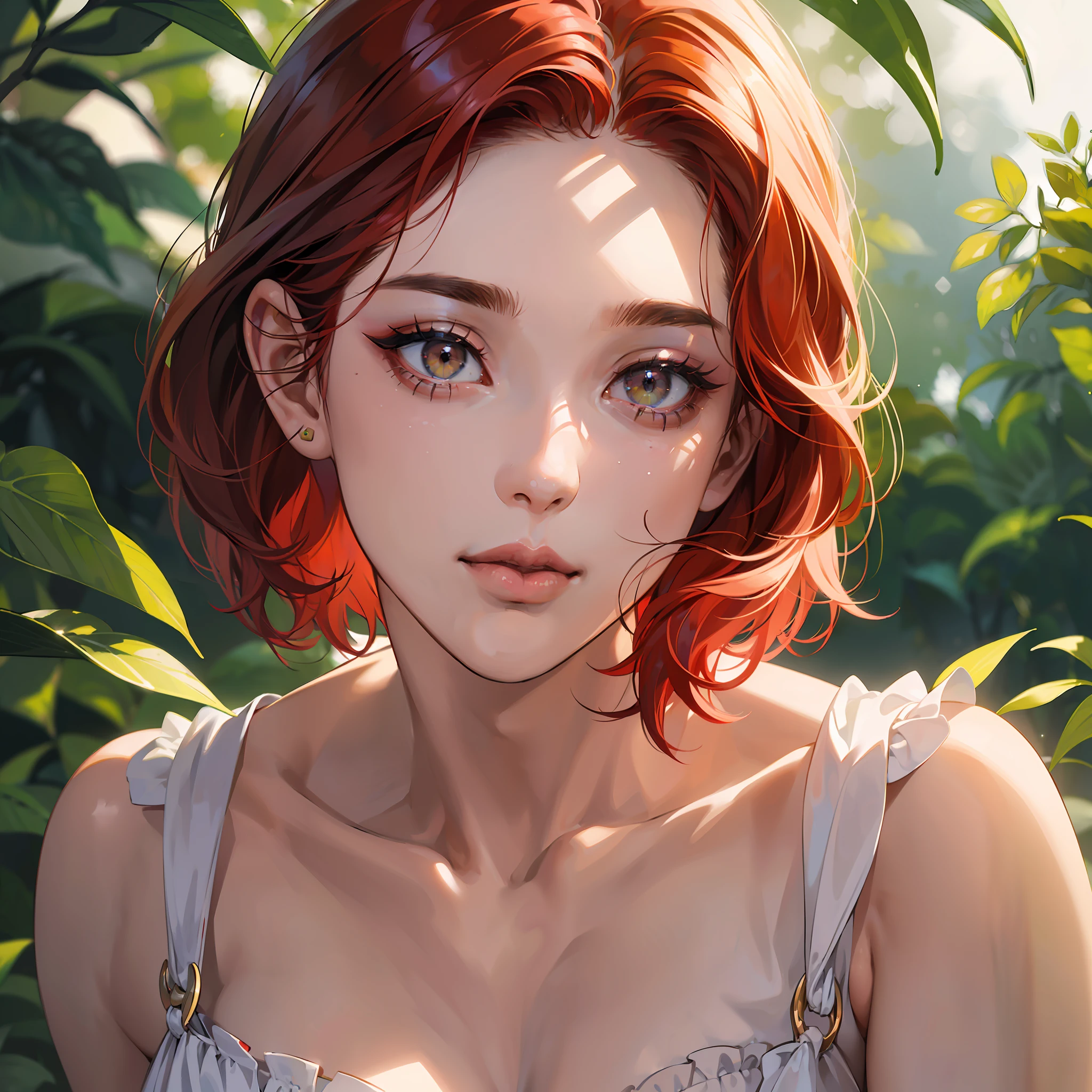 ((best quality)), ((ultra res)), ((photorealistic)), (intricate details), 19 years old, red hair, perfect face, makeup:1.5, light on face, face detail, pixie_cut,(American) --auto --s2