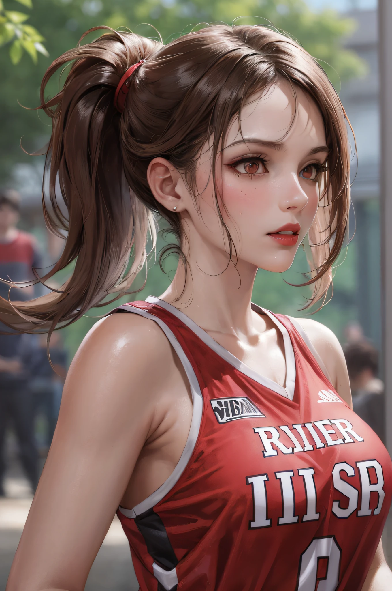 Masterpiece: 1.2, best quality), realistic, (real picture, rich details details, depth of field), (1girl, solo), makeup, cleft lip, high detail, perfect face shape, (big breasts: 1.4), (skindentation ), rough Thighs, Wide Hips, Slim Waist, Tall, Coral, Red Lips, Red Eyes, Ponytail (Girl Playing Basketball, Red Basketball Jersey), (Sweat: 1.2), (Wet), Sexy, Blushing,