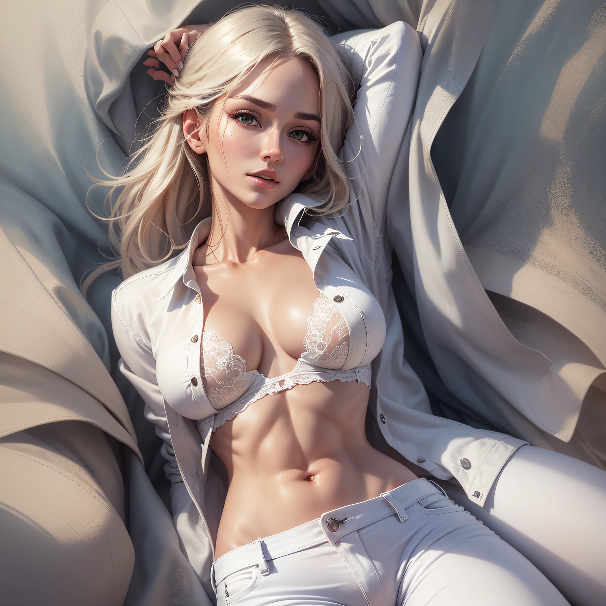 (highly detailed body, highly detailed face, best quality: 1.2), a beautiful woman, small chest, look at the viewer, (white bra, unbuttoned white shirt, jeans), --auto --s2