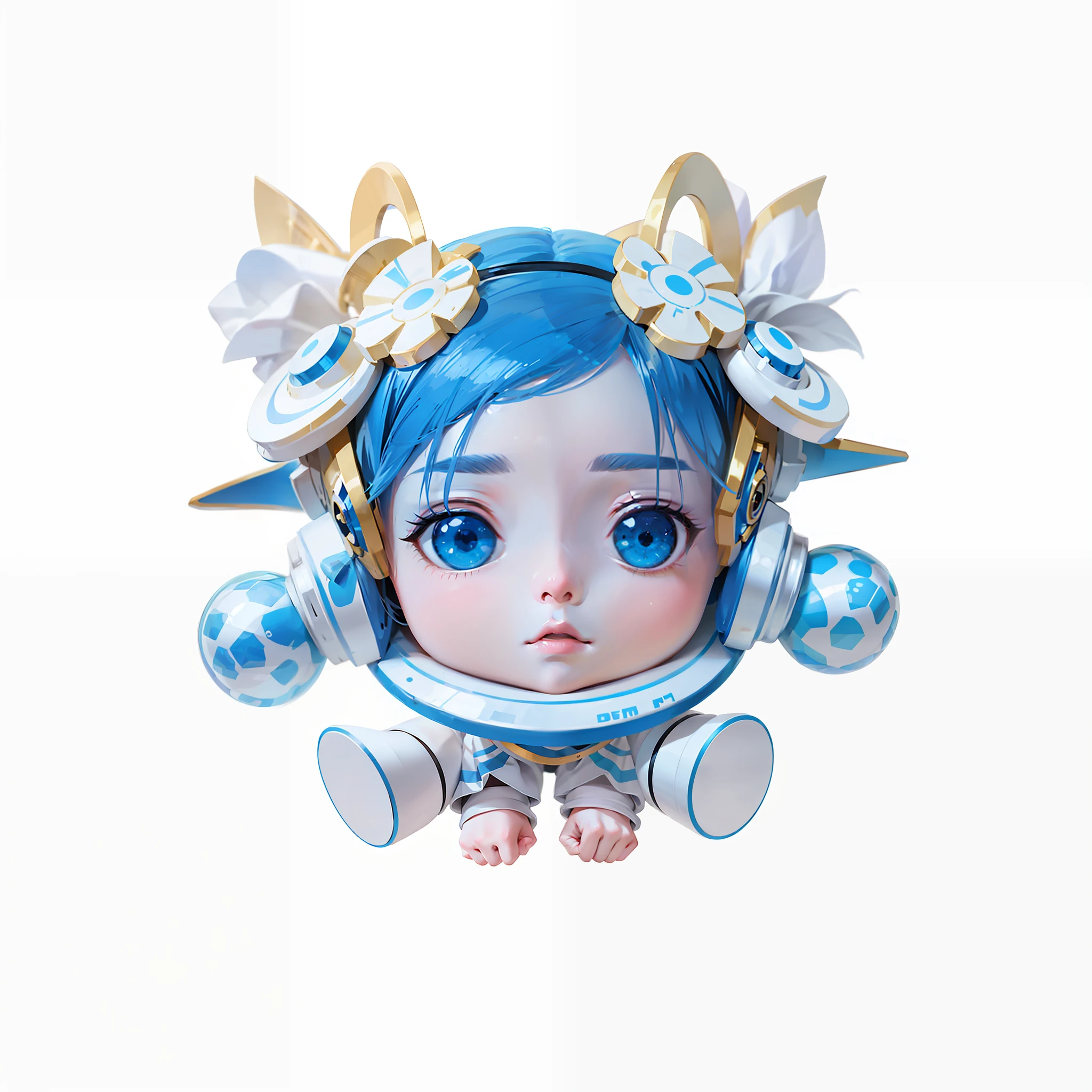 There is a doll with blue hair and blue dress, a cute 3d anime girl rendering, portrait anime space cadet girl, cute 3d rendering, anime robot with organic mix, female explorer mini cute girl, cute humanoid robot, 3d rendered character art 8k, portrait armored astronaut girl, cute cyborg girl, popular japanese 3d super detailed, background, blue and white porcelain universe surrounding