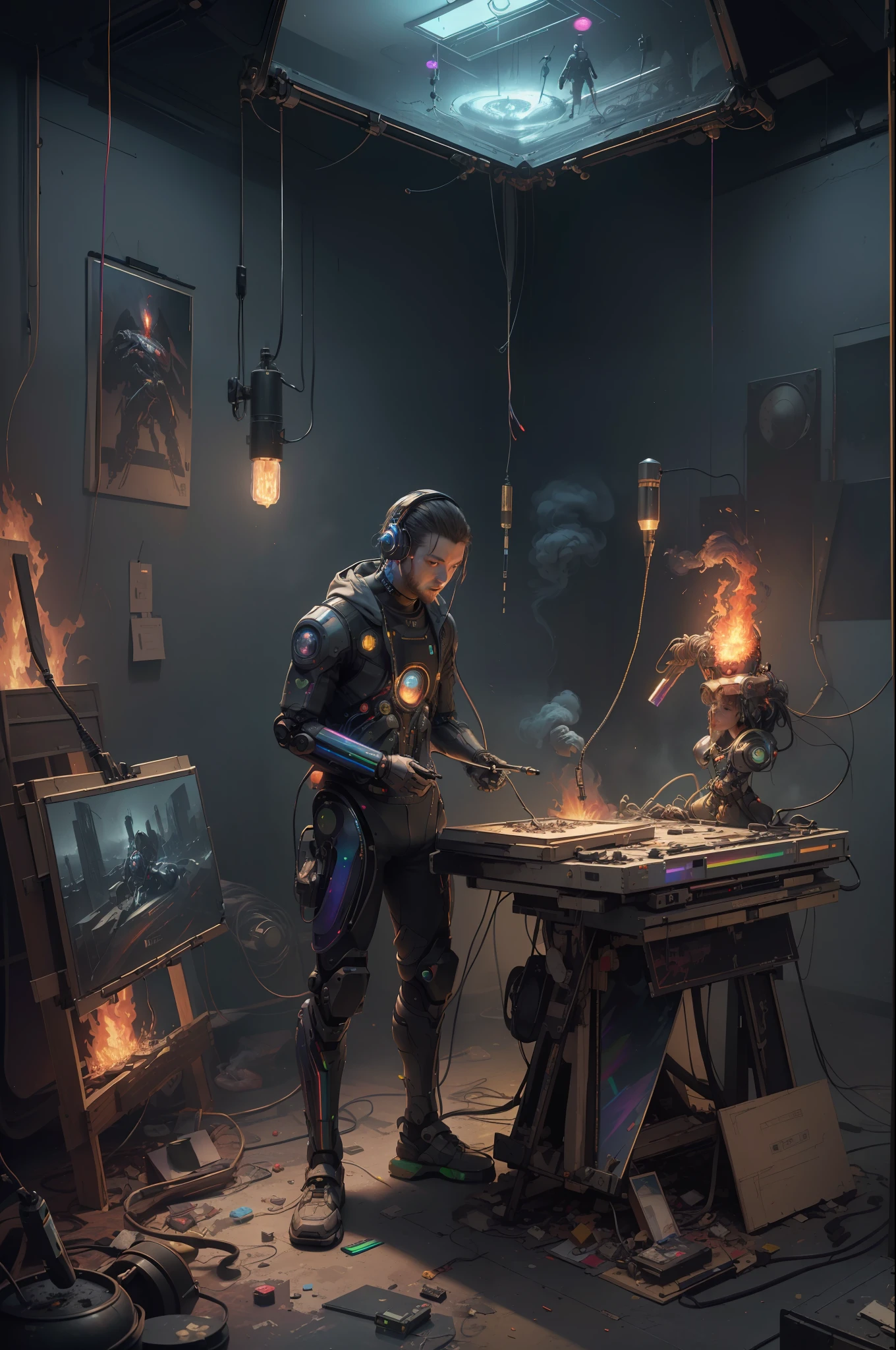 (Masterpiece, Best Quality, High Resolution, Absurd, Detailed: 1.2), Humanoid, Robot, Wearing Headphones, Looking Away, (Cyberpunk, Art Canvas, Brush, Easel, Rainbow Colors, Holographic: 1.6), Male, (Cable, Wire, Flame, Fire, Smoke, Overheating, Explosion, Indoor, Room, Simple Background)