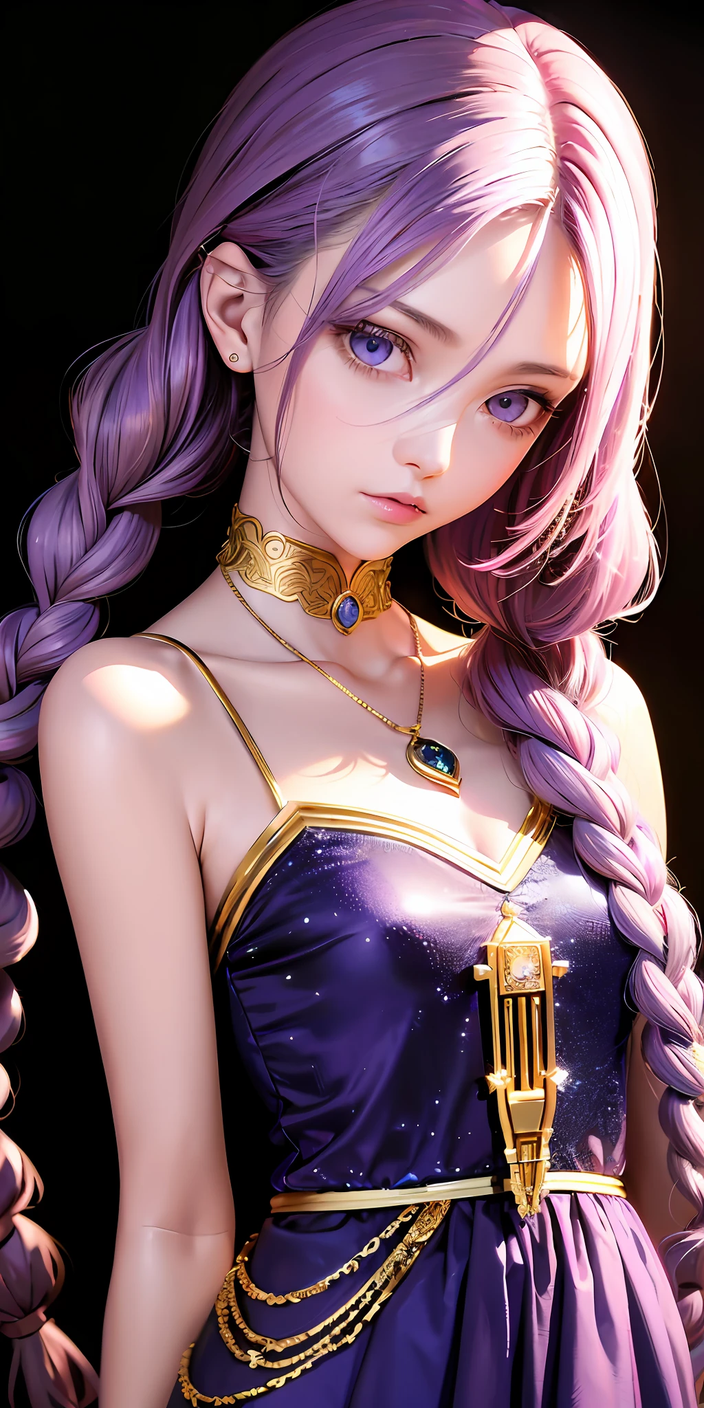 (best quality,masterpiece) realistic oil painting, blue stone pendant, shiny (lilac hair:1.3)(golden eyes:1.3)(pink clothes:1.2),looking down, upper body, lock of hair,(light skin:1.2),(side braids:1.2) elegant, contrasting dark background, vibrant lighting,