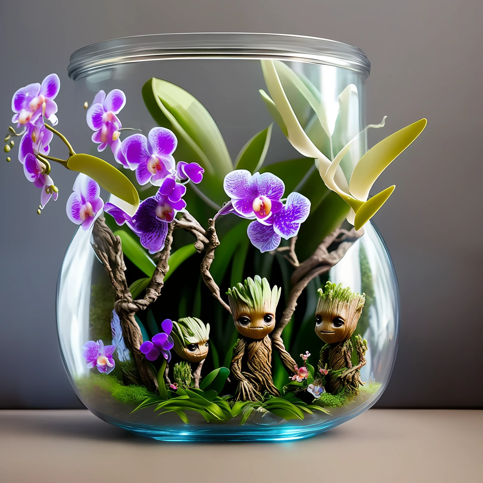 Baby Groot Guardians of the Full-Body Galaxies
Inside a raining glass jar (with orchids shaped like birds)