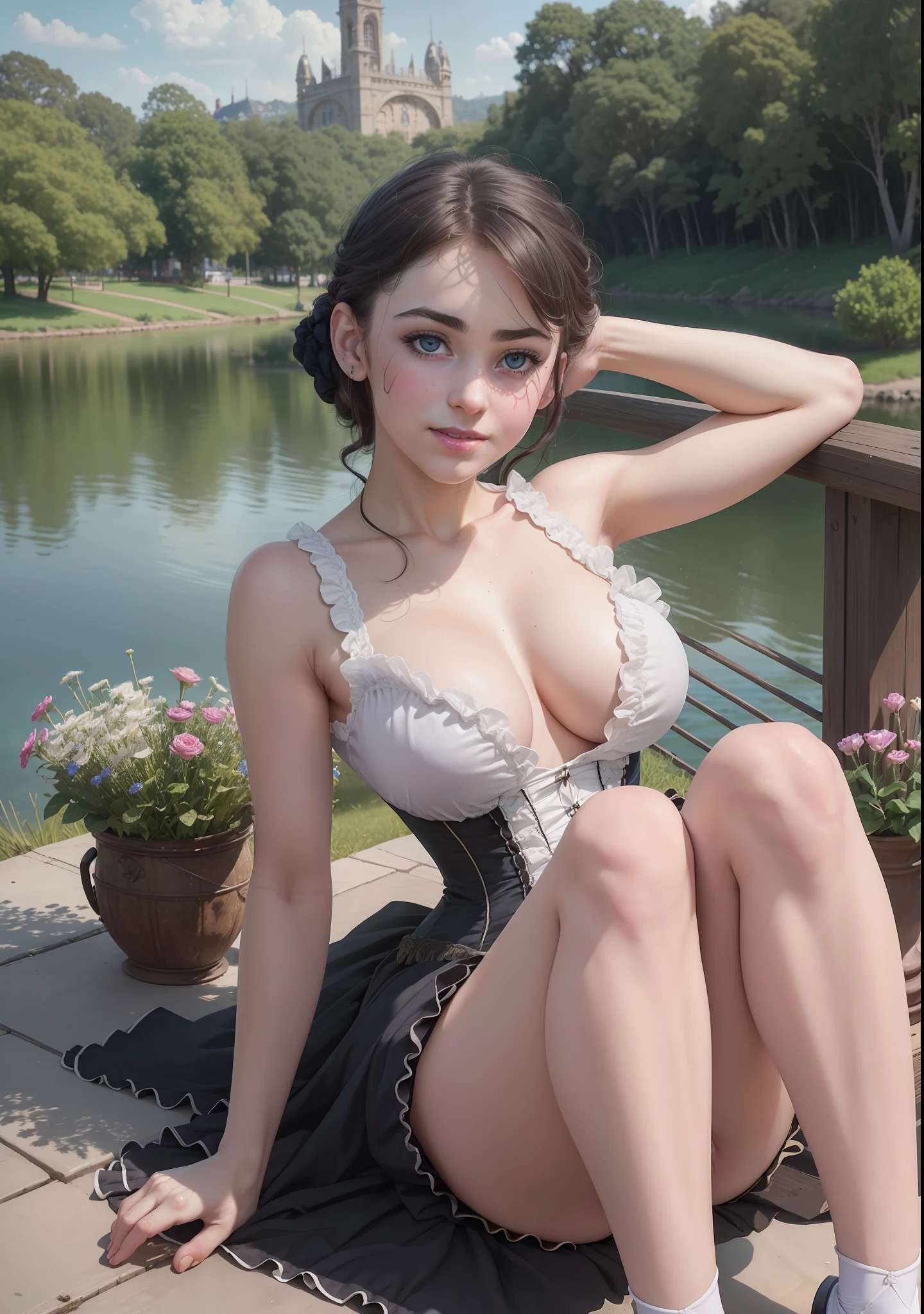 RAW photo,(realistic, photo- realistic:1.3), (best quality:1.2),(detailed), (Solo:1.5), ( Victorian girl:1.4),smile,(big breasts), (ahegao:1.5), black Hair,Long Eyelashes,(lake victoria:1.3),((sitting on ground,legs apart,arms up)), trees,grass, flowers,bridge, boat,clouds,blue sky,apple,picnic,BREAK,pale skin, (perfect eyes:1.3),cinematic light, ultra high res, 8k uhd, film grain, perfect anatomy, exquisitely detailed skin, best shadow, delicate,Portrait Of Beautiful Victorian Girl,colourful, distinct_image, extremely detailed CG,realistic human-like photo