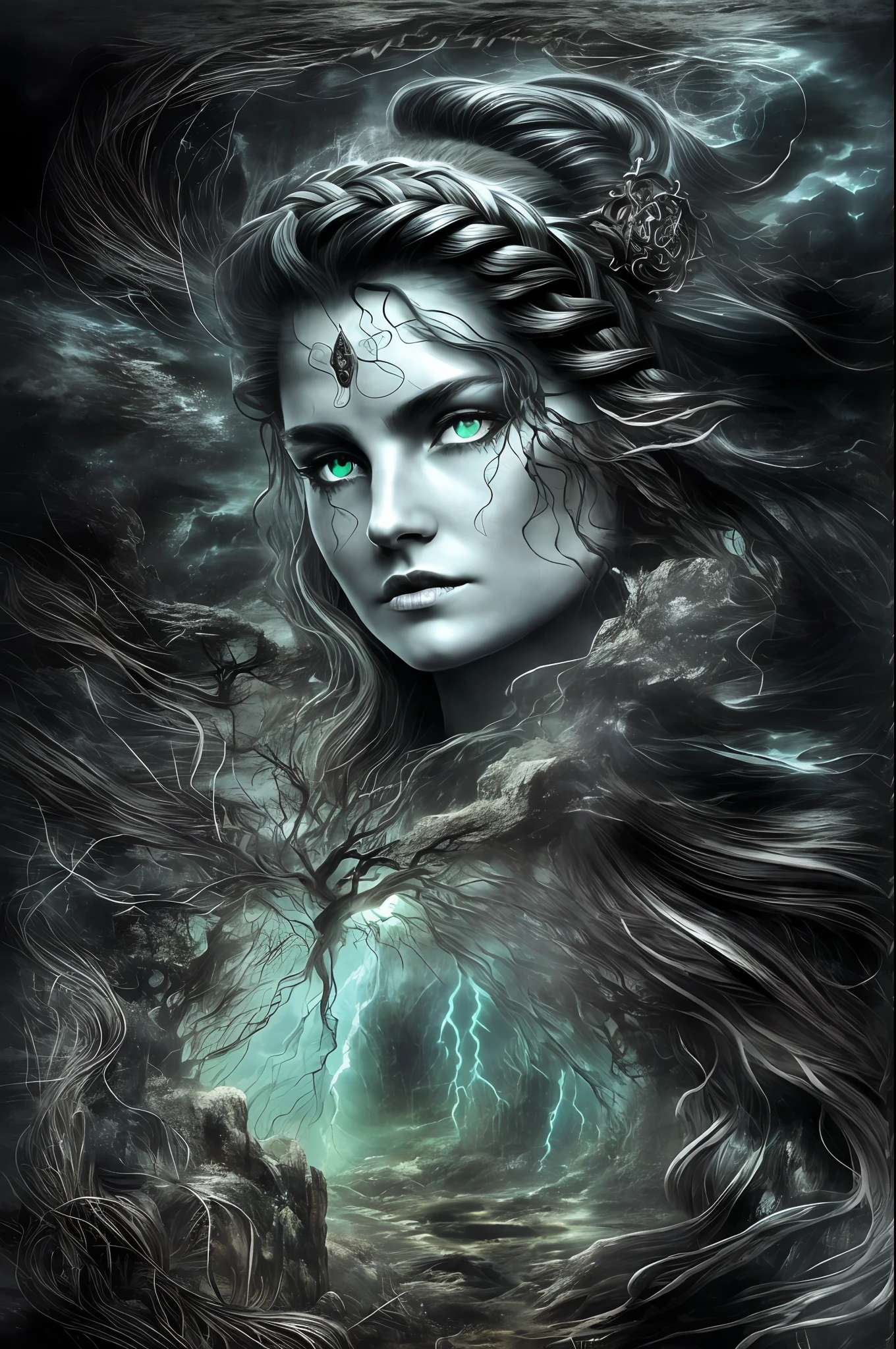 A dark-souled sorceress stands atop a mountain peak, casting spells to summon her army of elemental creatures. Her eyes glow with an eerie light as she chants ancient incantations, and the winds around her whip into a frenzy. ((Her hair is a lustrous silver and is braided into intricate patterns )) and she wears a flowing black robe adorned with a shimmering red gem in the center of her chest. In the distance, dark clouds gather and a storm approaches, ready to do her bidding.