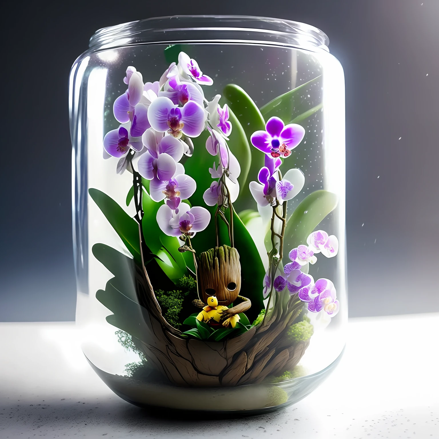 Baby Groot Guardians of the Full-Body Galaxies
Inside a raining glass jar (with orchids shaped like birds)