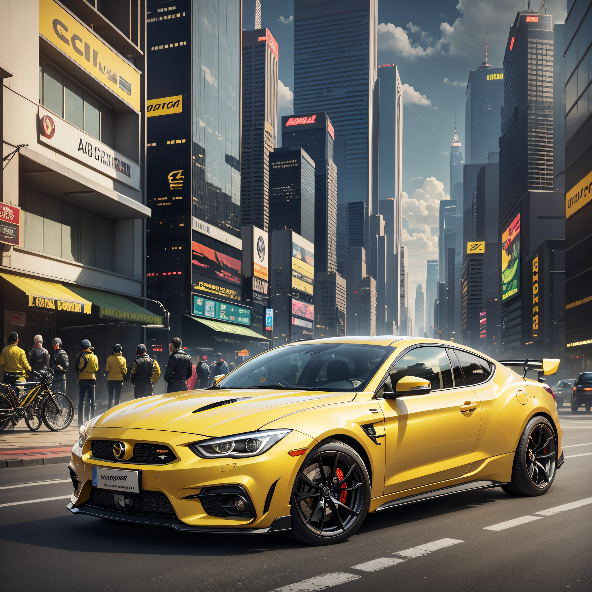 Car, car, sports car, yellow, sedan, two seats, cityscape, cyberpunk