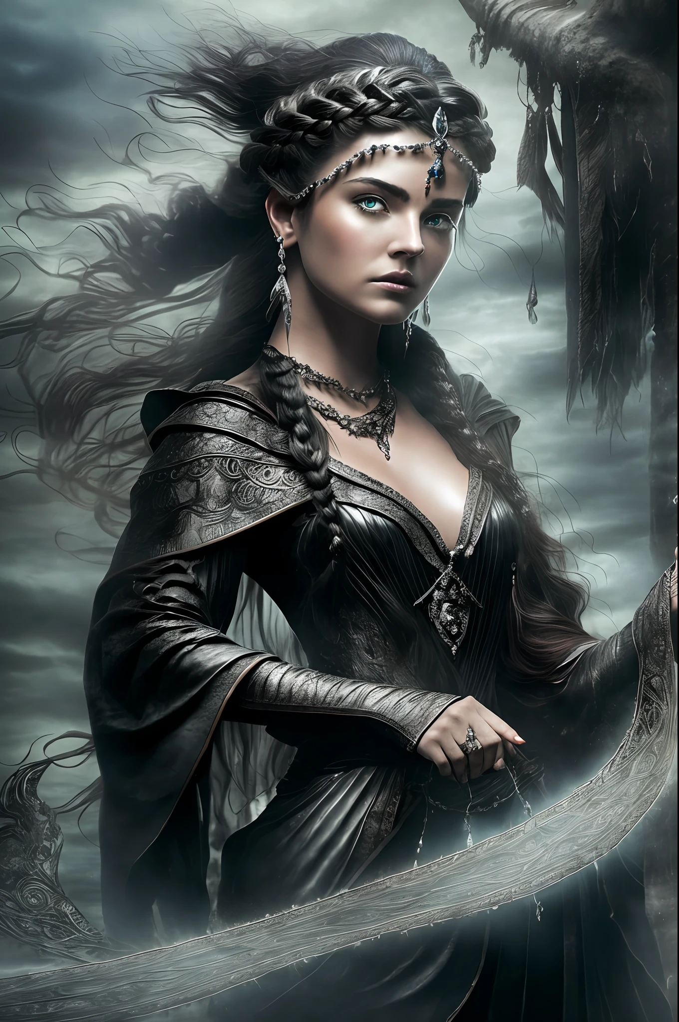A dark-souled sorceress stands atop a mountain peak, casting spells to summon her army of elemental creatures. Her eyes glow with an eerie light as she chants ancient incantations, and the winds around her whip into a frenzy. ((Her hair is a lustrous silver and is braided into intricate patterns )) and she wears a flowing black robe adorned with a shimmering red gem in the center of her chest. In the distance, dark clouds gather and a storm approaches, ready to do her bidding.