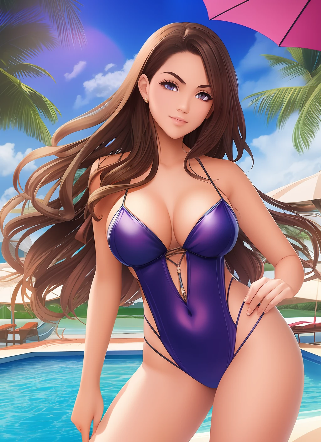 Full shot,dream girl stripper-pole-ific breast eyecolor sapphire long wavy brown hair fluffy eyelashes oval face endomorphic physique graceful with long graceful legs dressed in a lacey and translucent katsuit standing in front of a private club with a water slide and beach chairs by the pool where every table has nice drinks, High definition,skin pores,best skintone,glossy skin,sharp focus,backlighting highlights the girl's contours forming a light outline,soft foreground light,soft shadows,Hasselblad 500C Camera ƒ4 ISO 100 telephoto lens,trending on CGSociety,style by Roberto Valenzuela --auto --s2