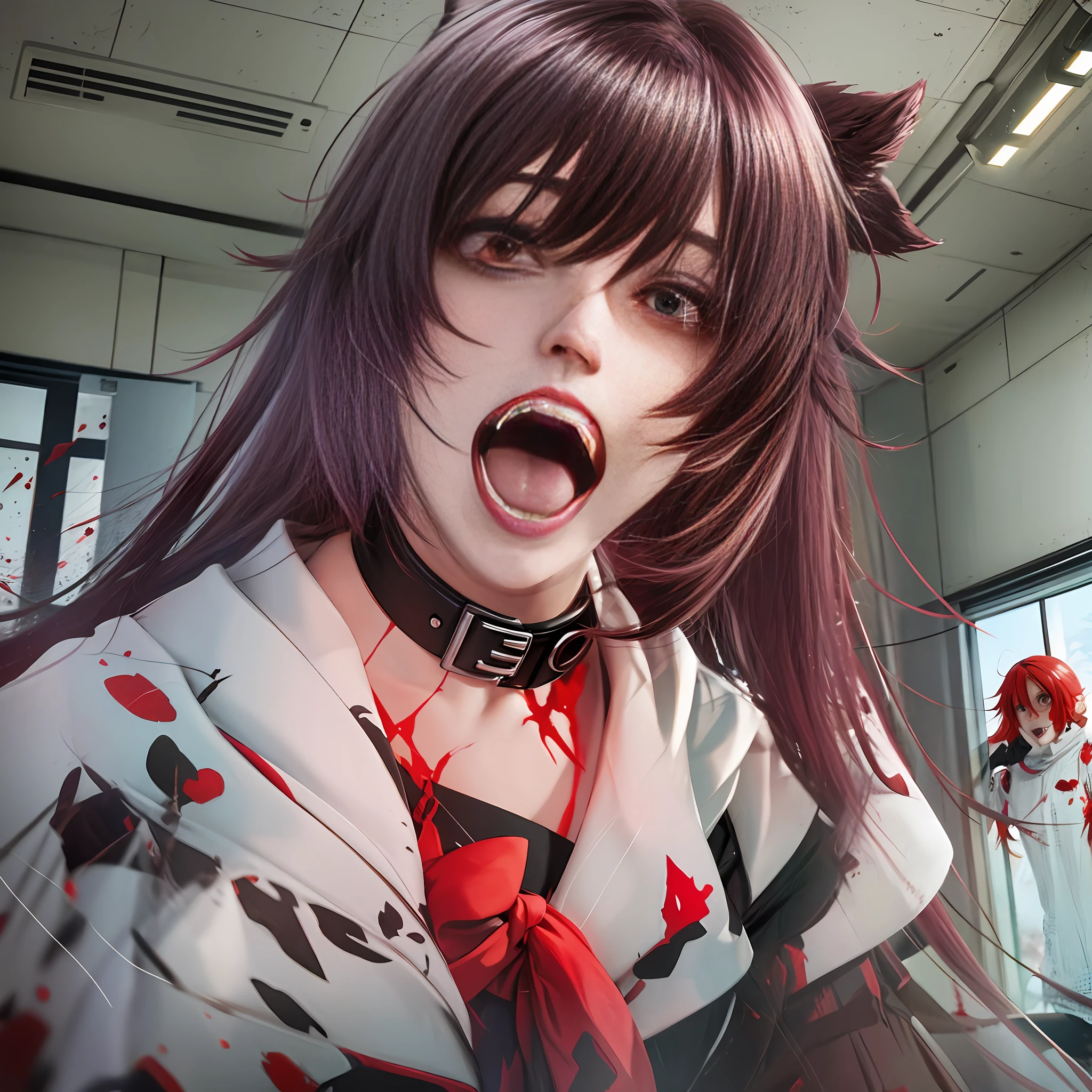 In the zombie-like classroom, 2 long-haired anime girls with fangs bite the neck of an anime boy, open mouth, fangs, and blood stains in their mouths