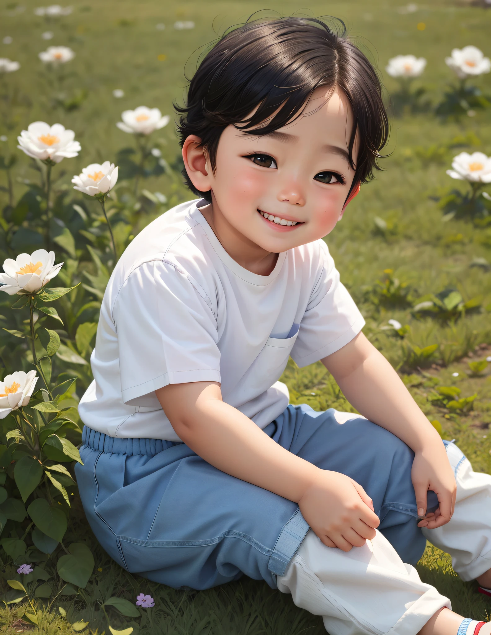 a , rosy chubby cheeks, only 4 teeth in his jaw, smiling brightly, wearing white shirt and blue pant, sitting on a field,