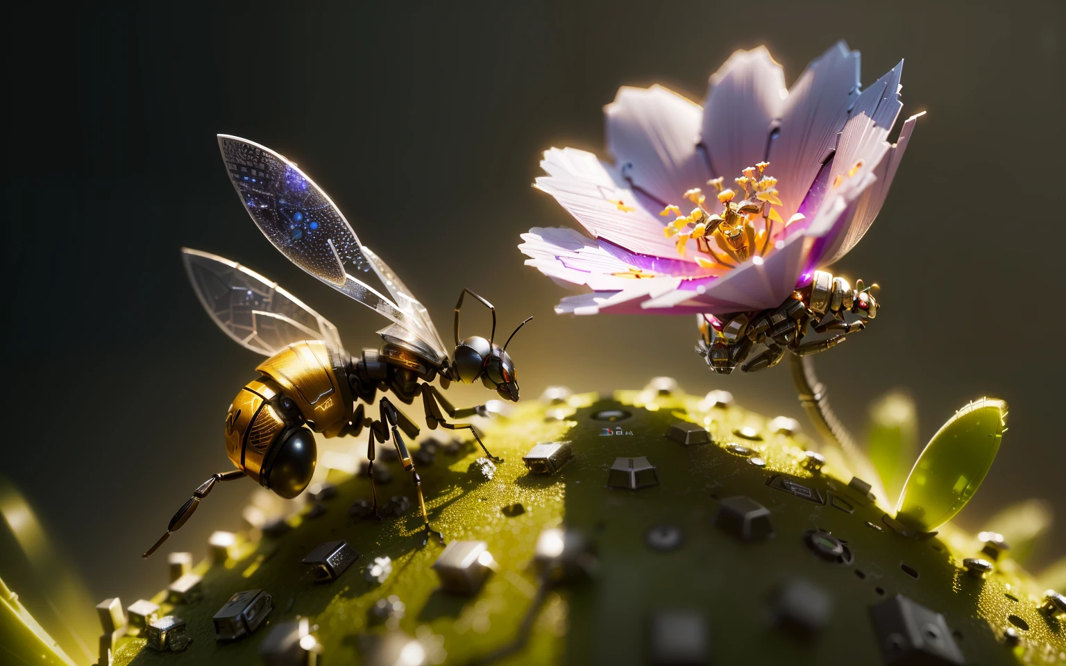 A cute ant made of metal, (cyborg: 1.1), ([tail | detailed wire]:1.3), (complex details), hdr, (complex details, hyperdetailed: 1.2), cinematic shot, vignette, centered