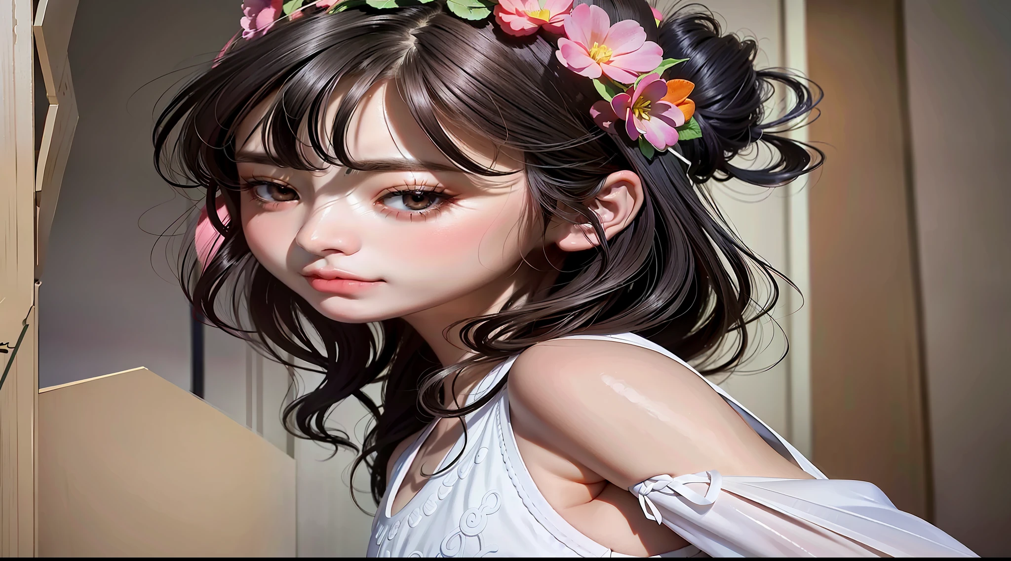 anime girl with flower crown in hair standing in doorway, Guweiz style art, kawaii realistic portrait, detailed digital anime art, soft anime cg art, anime realism style, cute anime portrait, Guweiz, detailed portrait of anime girl, cute detailed digital art, girl anime portrait, digital anime illustration, digital anime art, realistic 3D anime style
