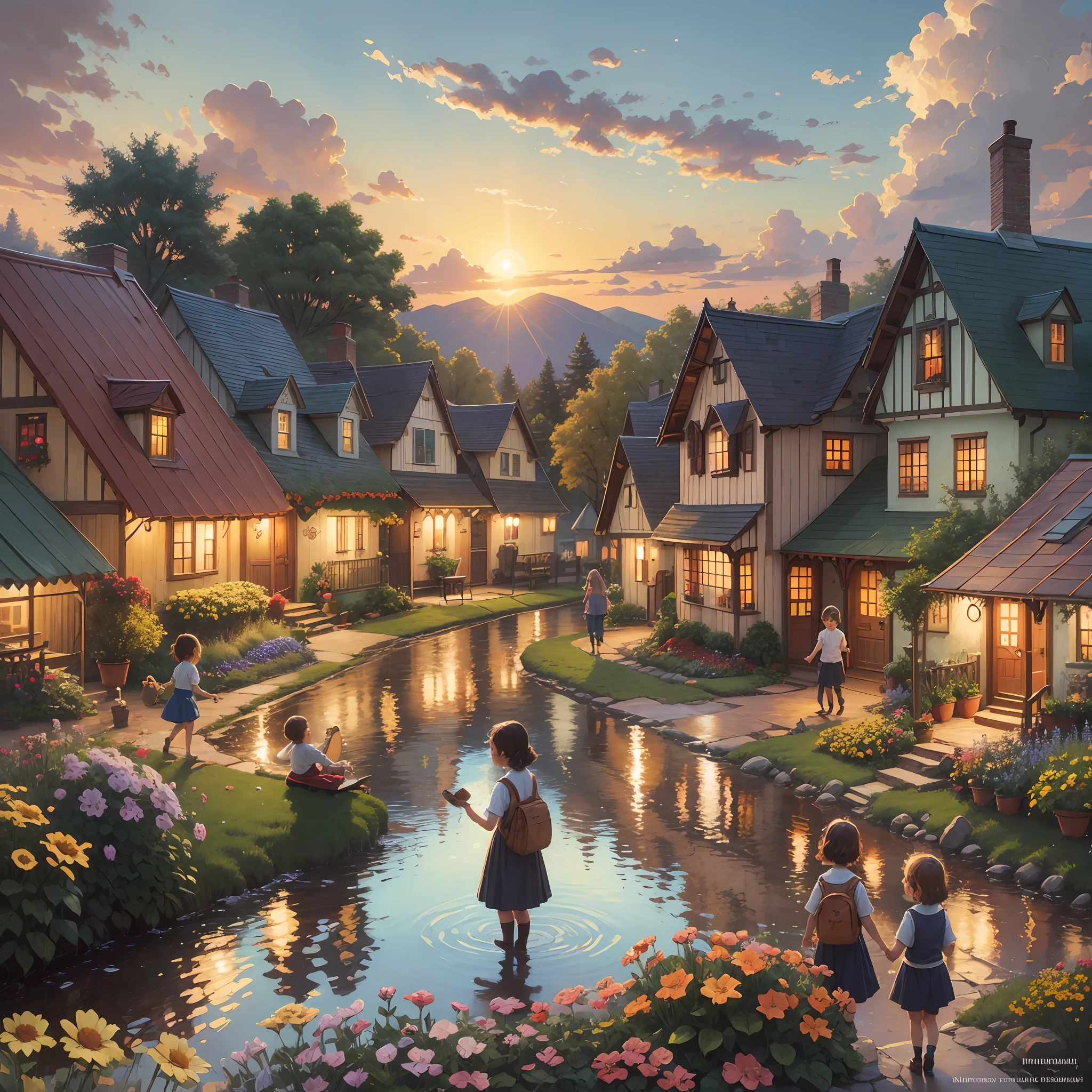 "Scene description: A quaint village on a sunny summer day, with colorful houses and blooming flower gardens. Curious and adventurous children play in the fields and forests, their laughter echoing in the air."
Modifiers: "Joyful, Playful, Adventurous, Sunny, Lively, Enchanting, Carefree, Exuberant, Nostalgic, Harmonious"
Artist or style inspiration: "Norman Rockwell, Thomas Kinkade, Impressionism"
Technical specifications: "Warm lighting, Vibrant colors, Detailed textures, Captivating composition, 8K resolution" --auto --s2