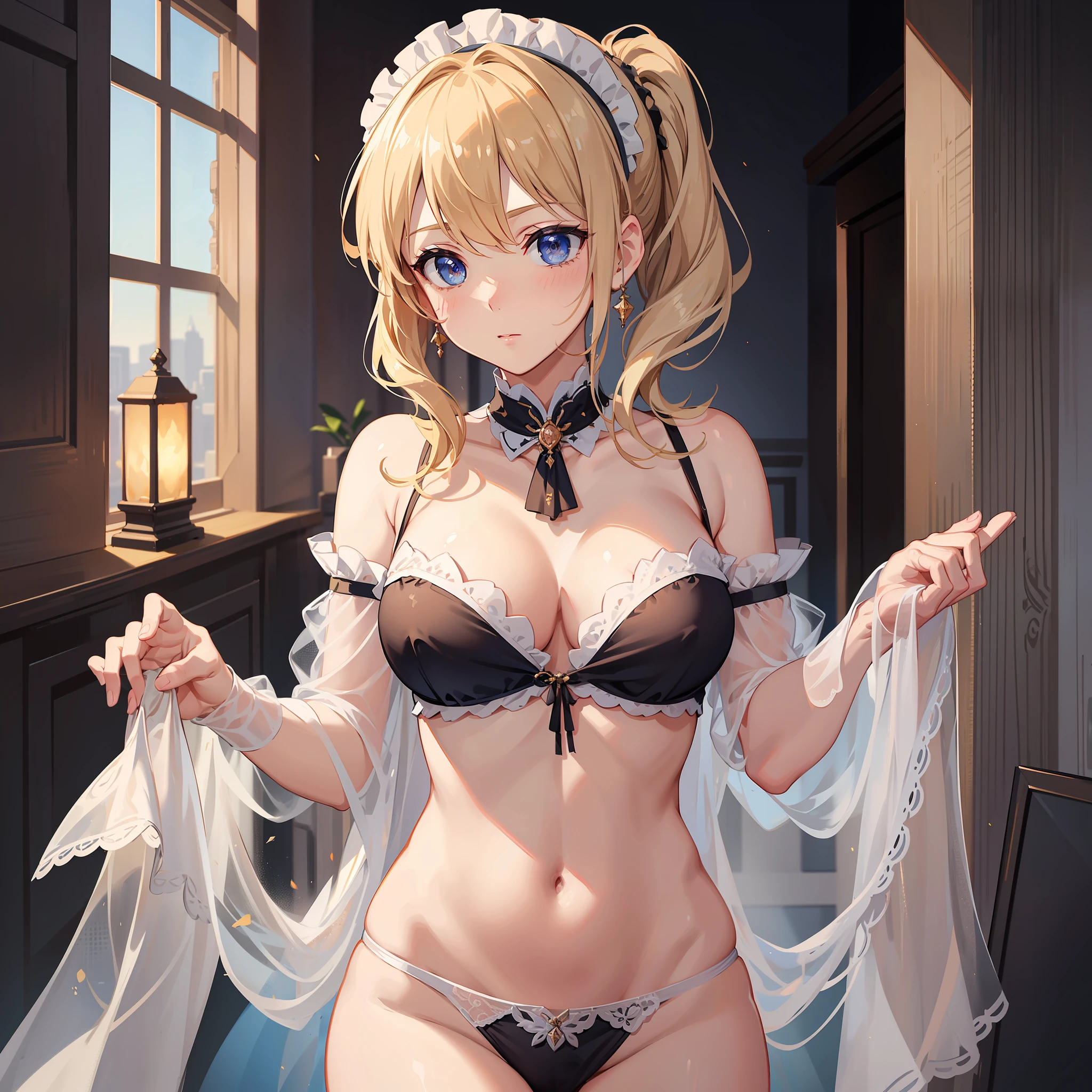 ((8k, masterpiece, highest quality)), super high resolution, best shadow, illustration, high detail, very detailed, solo, blonde hair, beautiful hair, blue eyes, shining beautiful eyes, transparent maid clothes, beautiful maid clothes, underwear see-through, calm look, cute, medium half-up ponytail, medium chest, cleavage, slender, white and beautiful body, shy, blush, constricted, upper body, cowboy shot, panties visible, starting point seen from the front