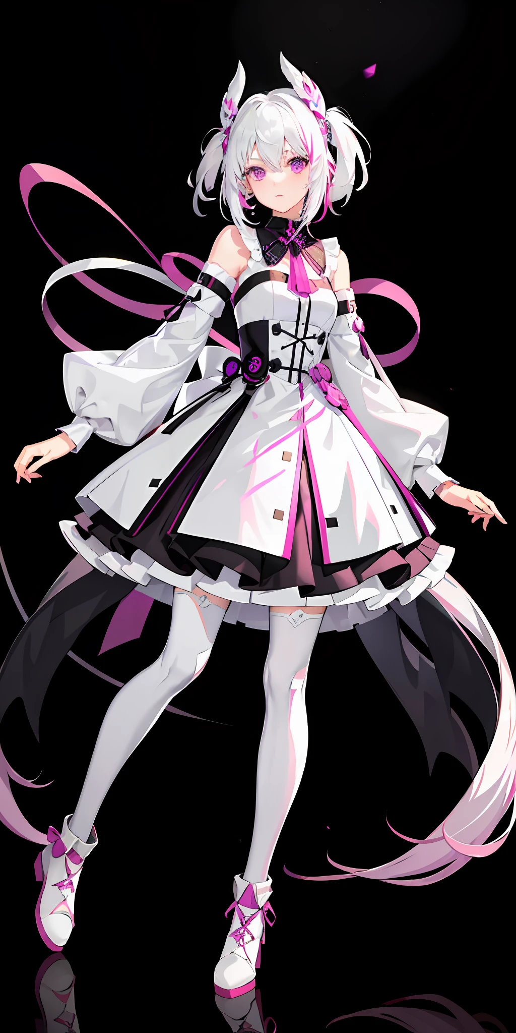 1girl, white hair, multicolored hair, purple eyes, mask on head, side light, light particles, wallpaper, medium chest, pink stockings, white shoes