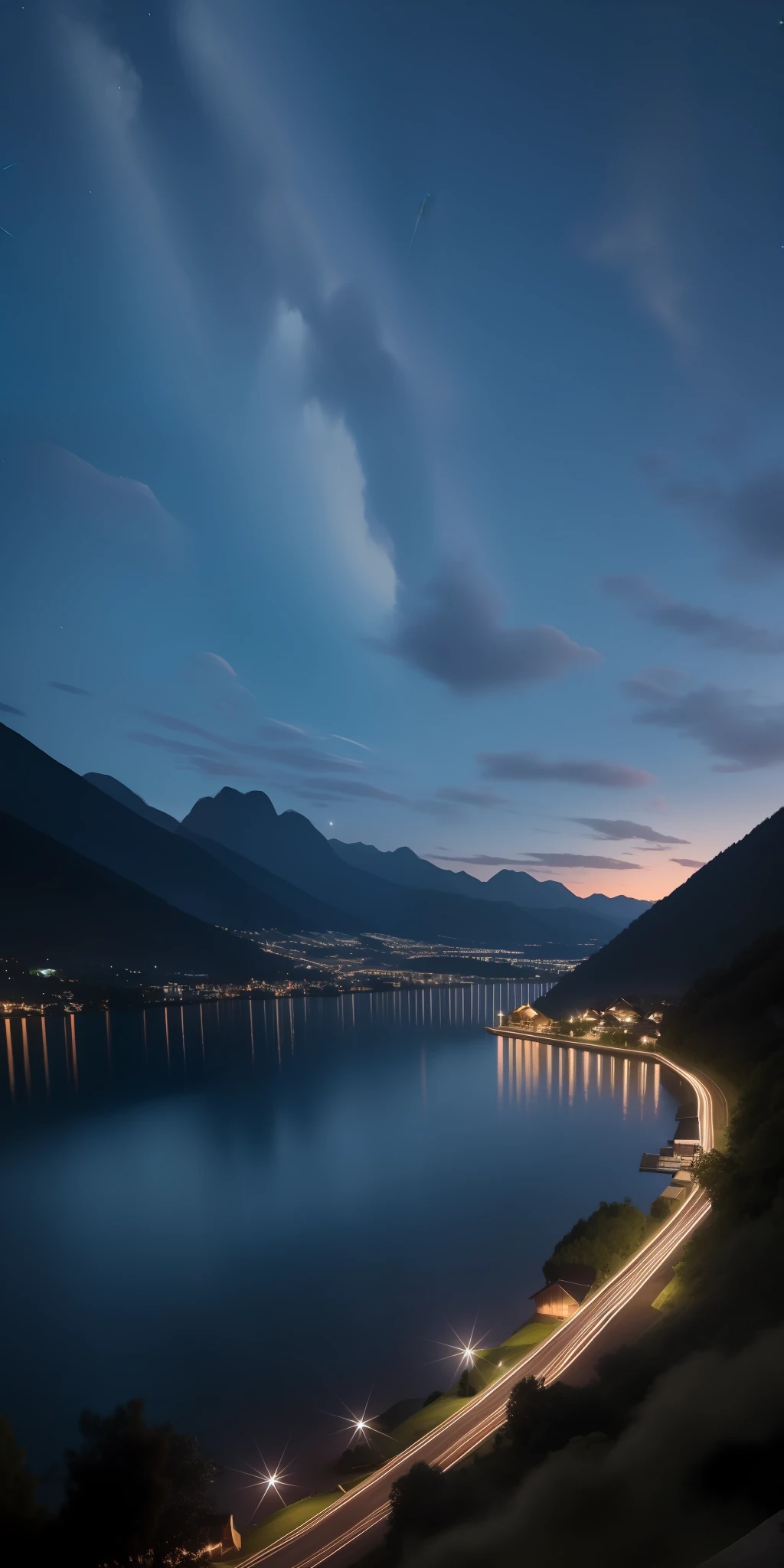 nighttime, (village), dark, (village under mountain), lake, no light, --auto --s2