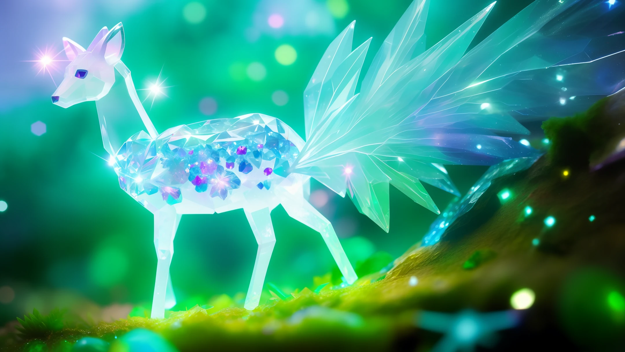 crystal fantasy, close-up, crystal deer running through the jungle,
fantasy, galaxy, transparent, crystal flower, shallow depth of field, jade bokeh, sparkling, sparkling, stunning, stunning, colorful,
Magical Photography, Dramatic Lighting, Photorealism, Ultra Detail, 4K, Depth of Field, High Resolution