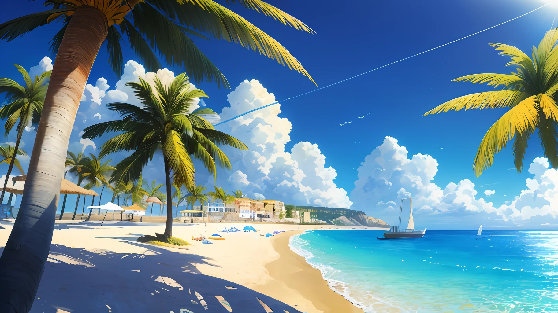 ((best quality)), ((masterpiece)), ((realistic)), a sunny beach, azure coast, italy, colorful, trees, clouds, illustration, highly detailed, sharp focus, digital render, professional, 4k, artstation