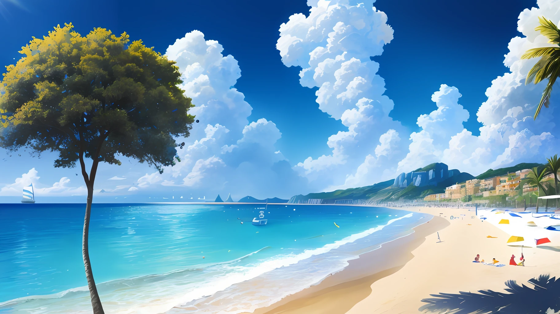 ((best quality)), ((masterpiece)), ((realistic)), a sunny beach, azure coast, italy, colorful, trees, clouds, illustration, highly detailed, sharp focus, digital render, professional, 4k, artstation