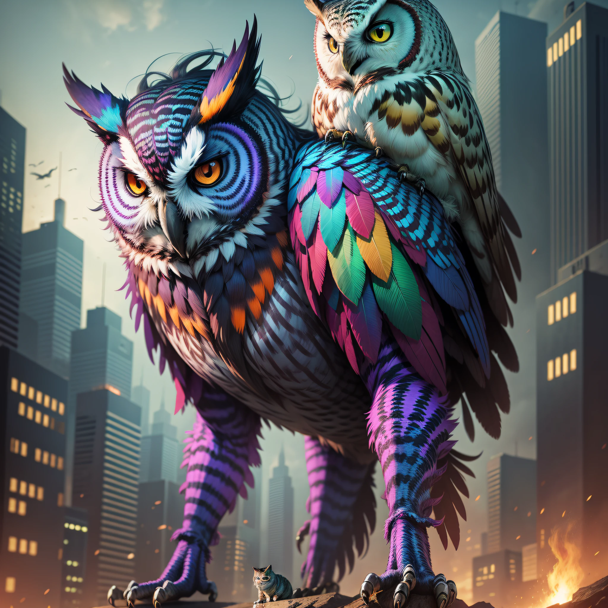 multicolored owl, full body, with angry look, with cat in cyborg outfit sitting on his back, Surrealism, cinematic lighting, HD.