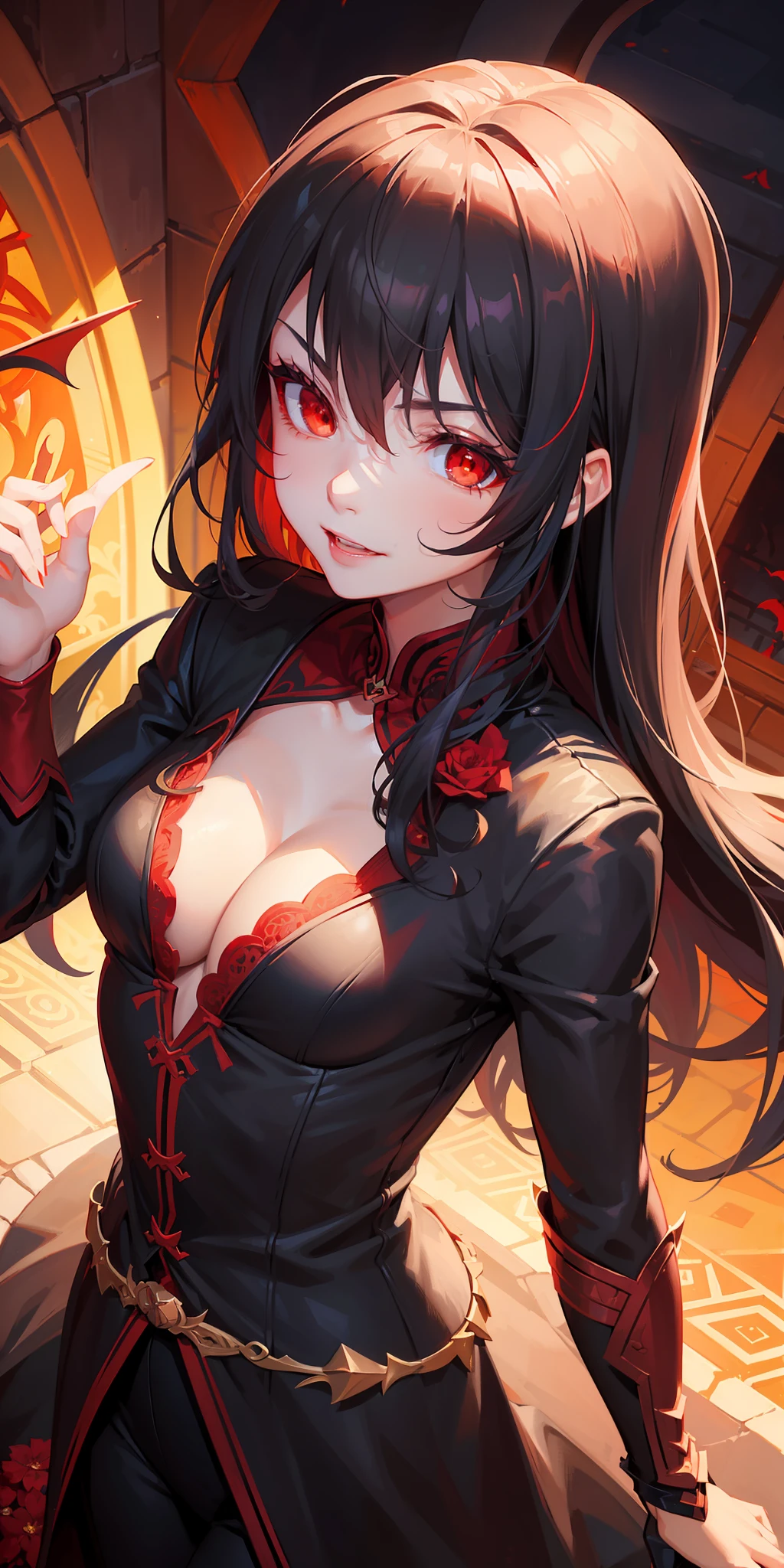 (Masterful Work),(Best Quality),(Fantastic Background:1.2),(Background-Fortezu:1.2),Vampires,Lighting-Sharp Shadows,[Passionate Young Vampire:1.2],Cheerful Expression,Beautiful Face,(Bright Red Eyes:1.2),Dynamic Angle,Orange Light,Floral Decorations,Cartoon Style.