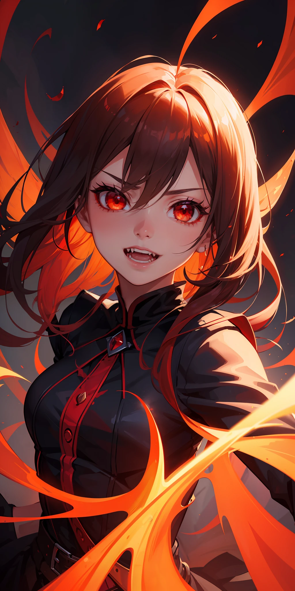 (Masterful Work),(Best Quality),(Fantastic Background:1.2),(Background-Fortezu:1.2),Vampires,Lighting-Sharp Shadows,[Passionate Young Vampire:1.2],Cheerful Expression,Beautiful Face,(Bright Red Eyes:1.2),Dynamic Angle,Orange Light,Floral Decorations,Cartoon Style.