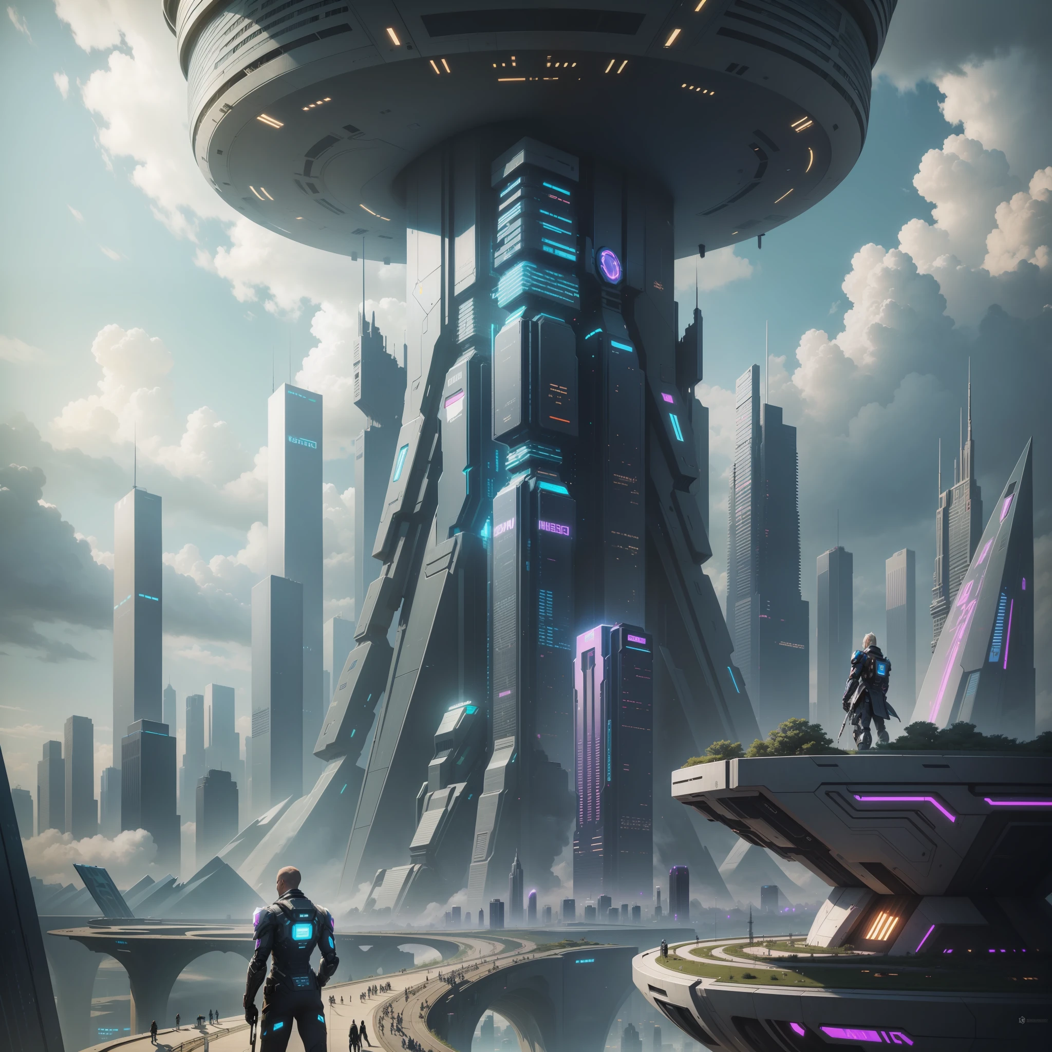 Skyscrapers Higher than Clouds Cyberpunk Futuristic World Sci-Fi Utopia Robot Top Quality Masterpiece