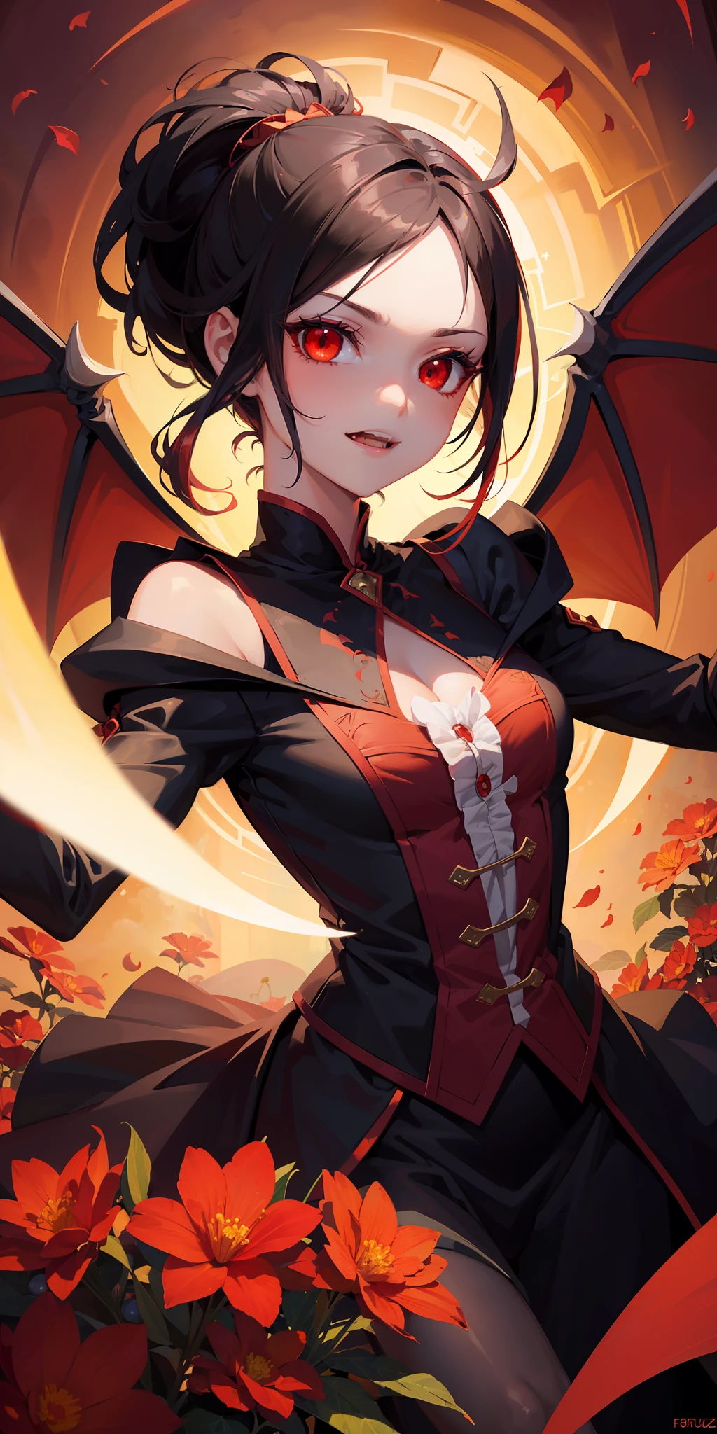 (Masterful Work),(Best Quality),(Fantastic Background:1.2),(Background-Fortezu:1.2),Vampires,Lighting-Sharp Shadows,[Passionate Young Vampire:1.2],Cheerful Expression,Beautiful Face,(Bright Red Eyes:1.2),Dynamic Angle,Orange Light,Floral Decorations,Cartoon Style.