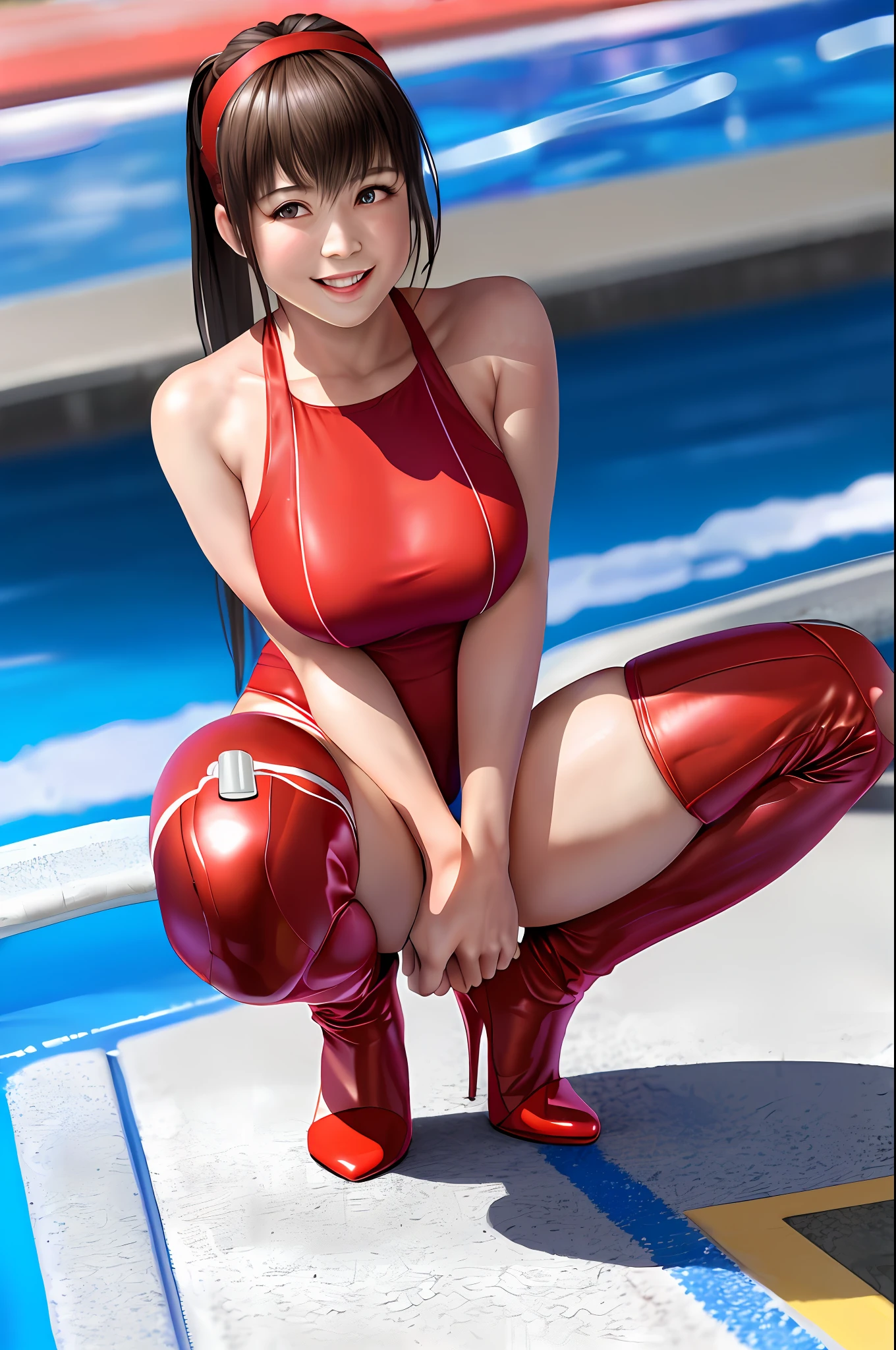 Best Quality, Best Quality, 8K Quality, 1 Girl, Solo, Hitomi, Smile, Embarrassing, Blushing, Mouth Open Slightly, Bright Red Metallic, Sleeveless, High Neck, High Leg Competitive Swimsuit, (((Strongly Tucked into the Crotch))), Knee High Stockings, (((Red Pin Heels)), Squatting on the Ground, Open Legs, Crotch Wide, Open Legs, Poolside, Staring at the Viewer, Facing the front of the viewer, opening the crotch to the viewer, professional lighting, frontal shots