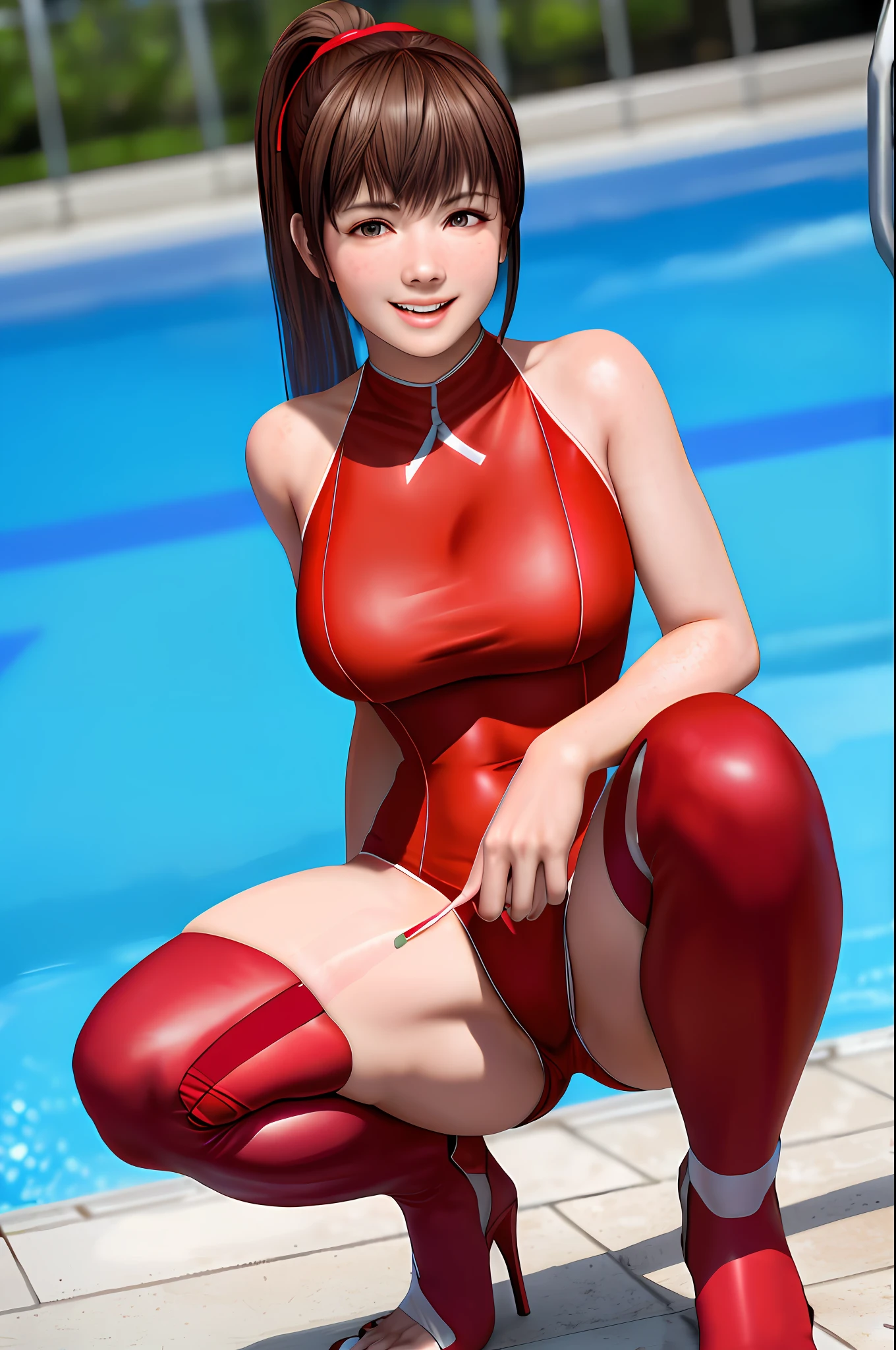 Best Quality, Best Quality, 8K Quality, 1 Girl, Solo, Hitomi, Smile, Embarrassing, Blushing, Mouth Open Slightly, Bright Red Metallic, Sleeveless, High Neck, High Leg Competitive Swimsuit, (((Strongly Tucked into the Crotch))), Knee High Stockings, (((Red Pin Heels)), Squatting on the Ground, Open Legs, Crotch Wide, Open Legs, Poolside, Staring at the Viewer, Facing the front of the viewer, opening the crotch to the viewer, professional lighting, frontal shots