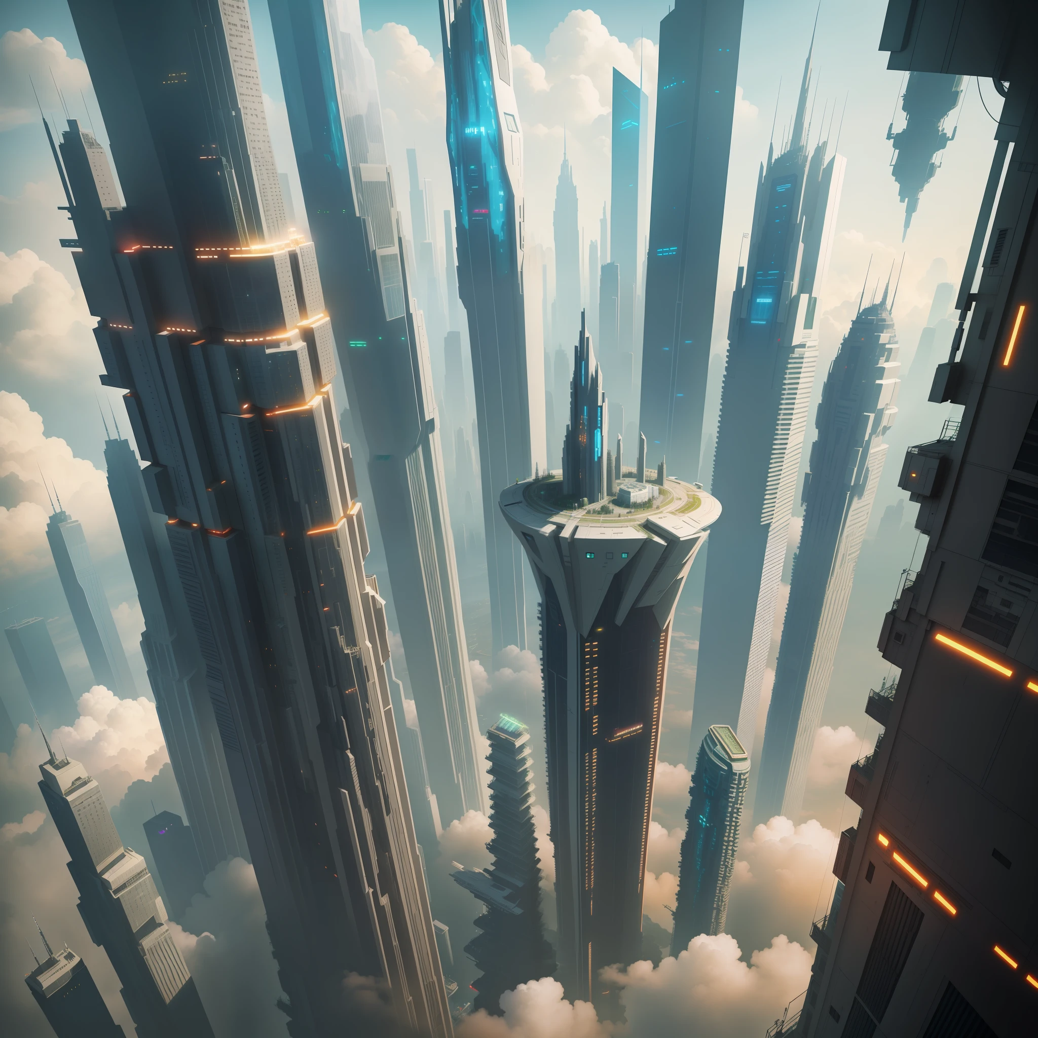 Skyscrapers Higher than Clouds Cyberpunk Futuristic World Sci-Fi Utopia Top Quality Masterpiece