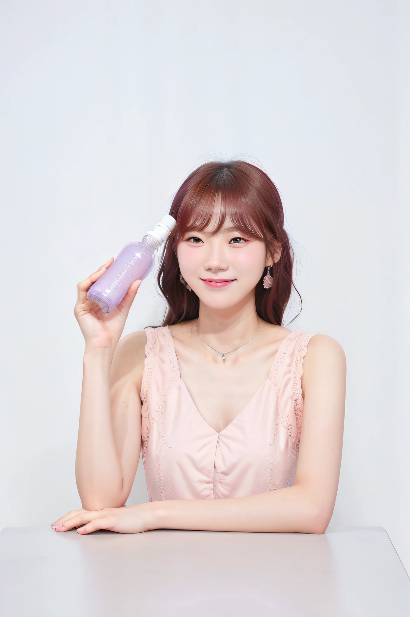 arafed woman holding a bottle of lotion and smiling, heonhwa choe, jinyoung shin, lee ji-eun, lee ji - eun, shin min jeong, taejune kim, milky white skin, jaeyeon nam, ji-min, photoshoot for skincare brand, smooth pink skin, sun yunjoo, jiyun chae, park ji-min
