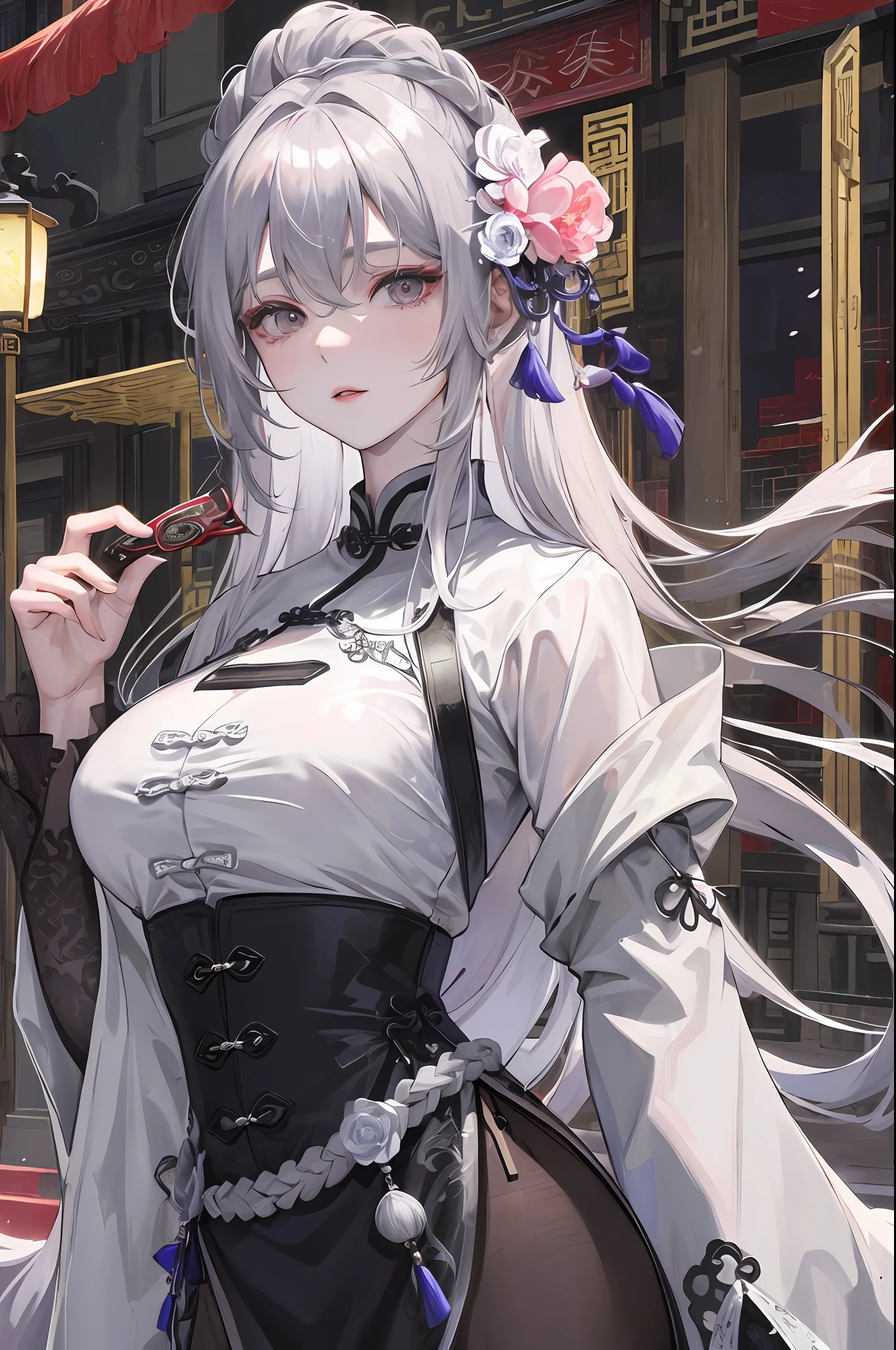 Masterpiece, Best, Night, Full Moon, 1 Female, Mature Woman, Chinese Style, Ancient China, Elder Sister, Royal Sister, Cold Face, Expressionless, Silver White Long Haired Woman, Pale Pink Lips, Calm, Intellectual, Three Belts, Gray Hitomi, assassin, dagger, flower ball background, street view