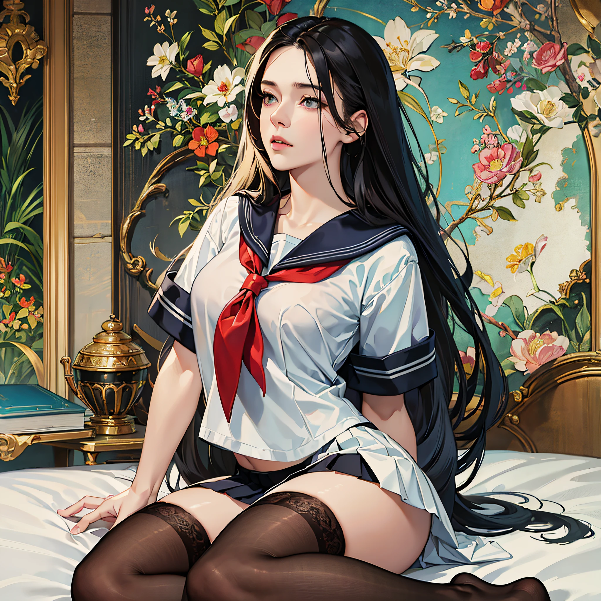Masterpiece, best quality, endured_face, long hair, room, breasts out, sailor shirt, loafers, undressed, realistic, mature woman, melancholy eyes, legs open, long black hair, long hair half covered eyes, wife, hip skirt, stockings, realistic style --auto --s2