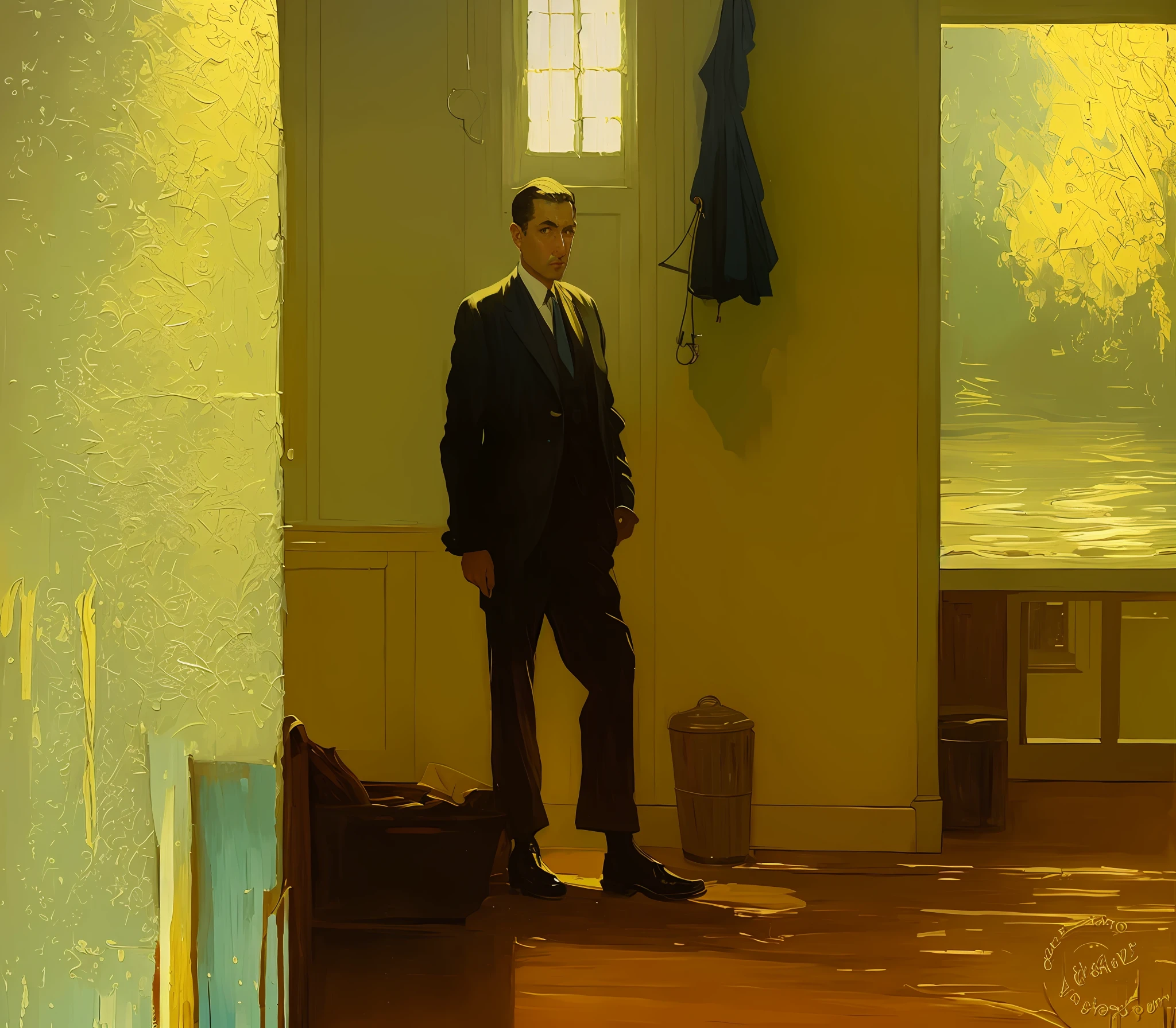 painting of a man standing in a room with a painting on the wall, inspired by Harvey Dunn, inspired by Raymond Leech, inspired by H.P. Lovecraft, inspired by Joseph Clement Coll, inspired by James Gurney, inspired by Mead Schaeffer, inspired by Hovsep Pushman, inspired by Carl Spitzweg, inspired by Vincent Lefevre