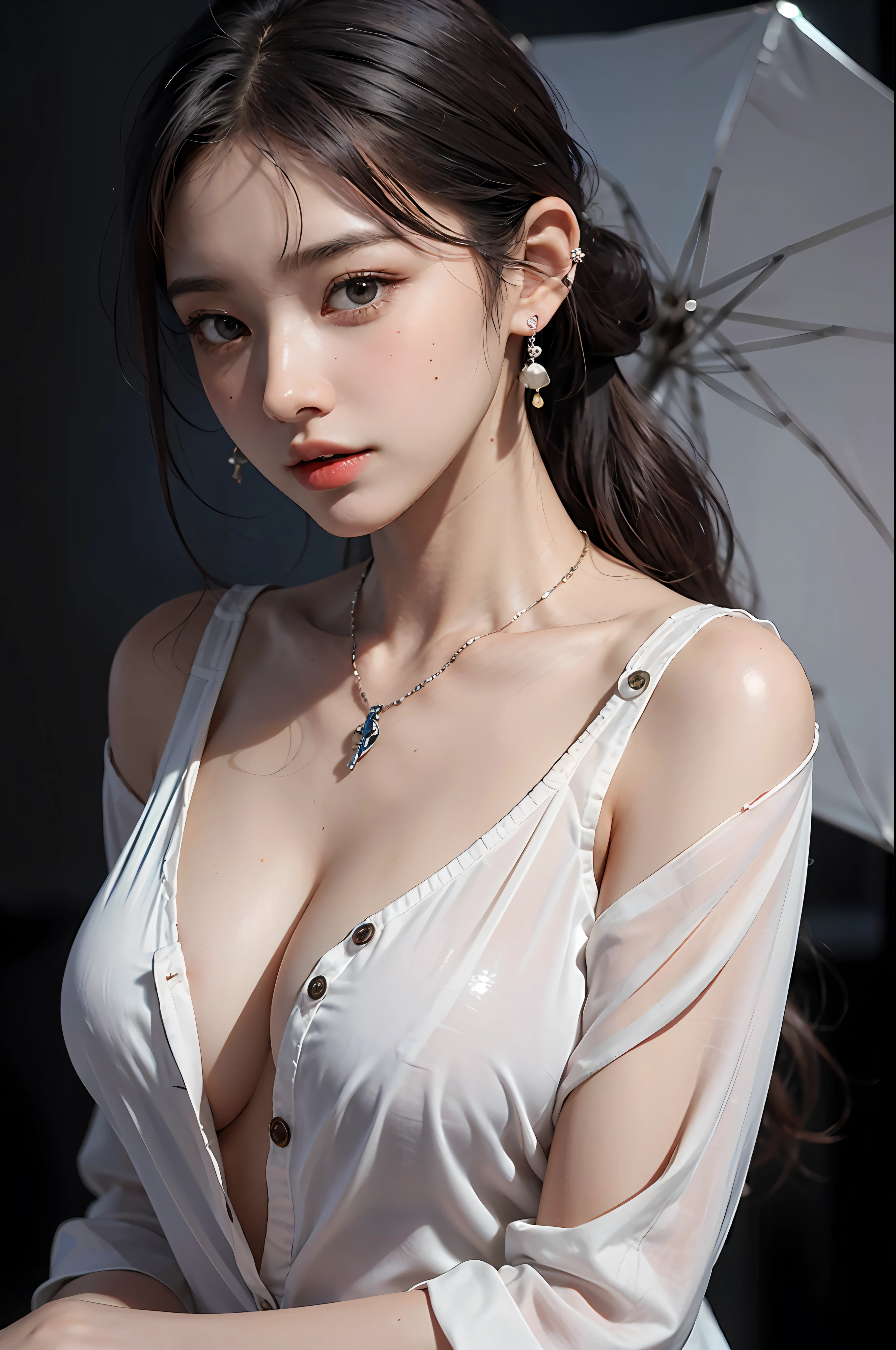 (button up to shirt length: 1.2), (White shirt wet by rain), (unbuttoned shirt: 1.1), big breasts, deep cleavage, best quality, masterpiece, illustration, very delicate and beautiful, very detailed, CG, Unity, 8K wallpapers, amazing, fine detail, highly detailed CG Unity 8K wallpapers, huge file size, very detailed, high resolution, handsome detailed woman, very detailed eyes and face,  Stunning detailed eyes, light on the face, (Best illustration: 1.1), (best shadow: 1.1), ultra high resolution, (photorealistic: 1.1), (photorealistic 1.2:1.1), realistic face proportions, slim, smile, (makeup: 0.4), (fluffy black eyes: 1.21), black eyes, looking at the viewer, dark brown hair, earrings, necklaces, hairpins, cowboy shots, (irregular irregular skin imperfections, veins, skin wrinkles pores: 1.2), (dark night background: 1.2), (bokeh: 1.4),