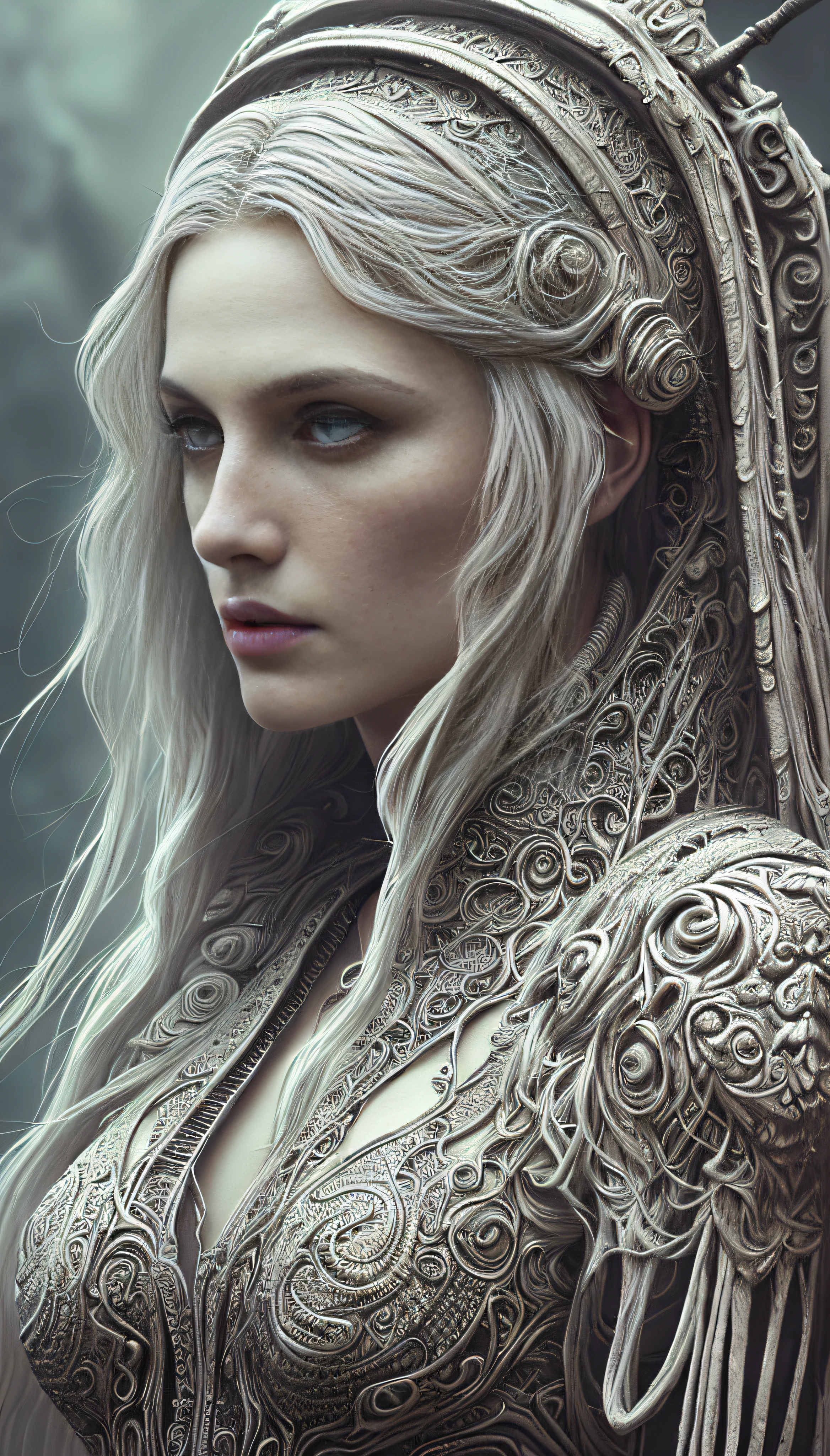 portrait, beautiful woman, white hair, ornate dress, (long hair in waves like smoke):0.85 , confident expression, detailed, 16k, sf, intricate artwork masterpiece, ominous, matte painting movie poster, golden ratio, trending on cgsociety, intricate, epic, trending on artstation, by artgerm, h. r. giger and beksinski, highly detailed, vibrant, production cinematic character render, ultra high quality model:1
