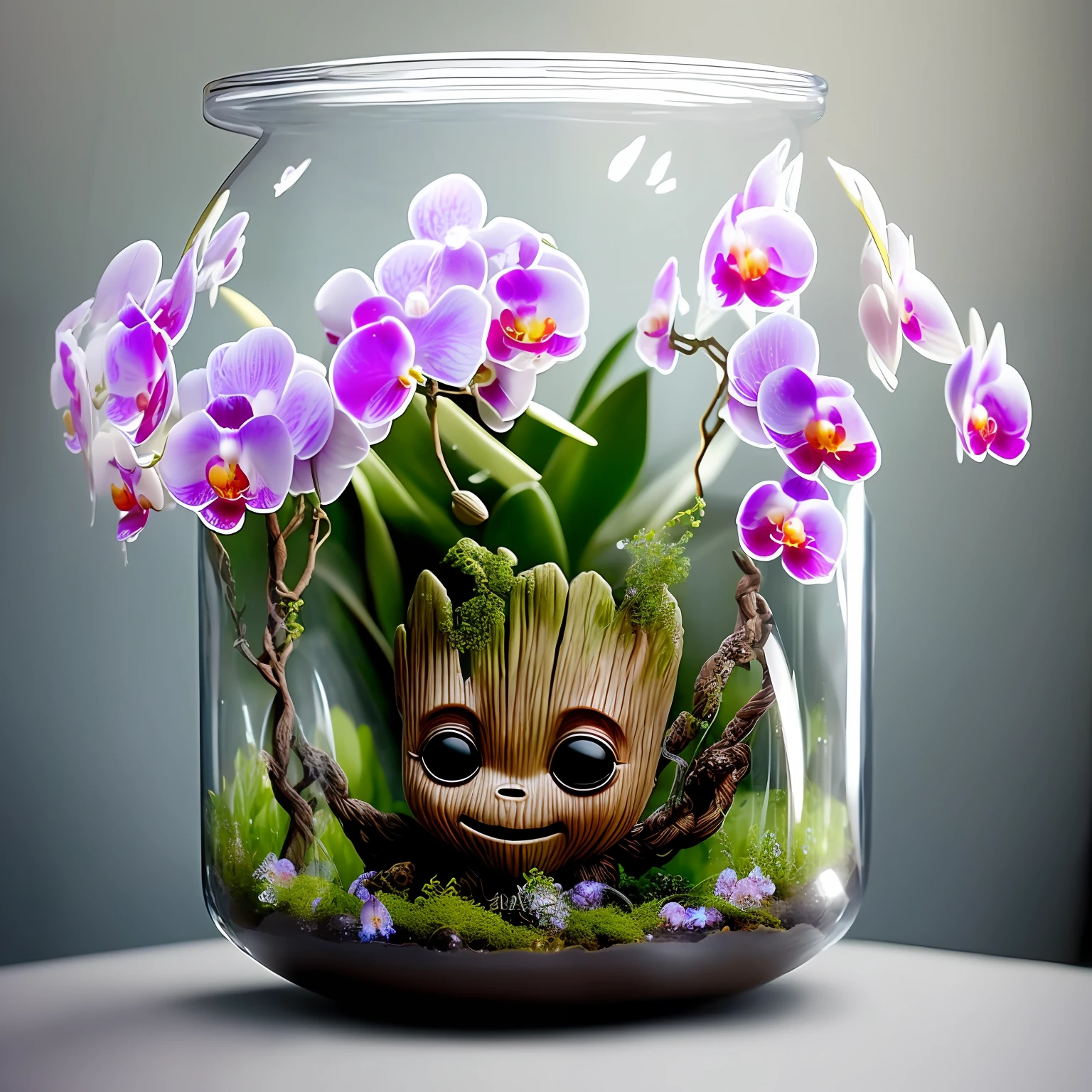 Baby Groot smiling full-body guardians of galaxies 
Inside a raining glass jar (with orchids shaped like birds)