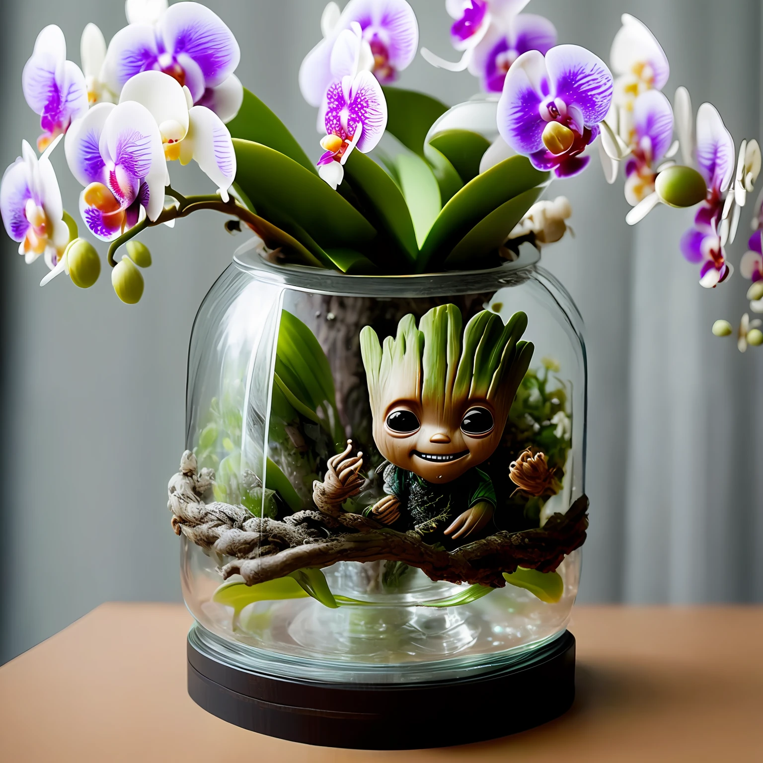 Baby Groot smiling full-body guardians of galaxies
Inside a raining glass jar (with orchids shaped like birds)