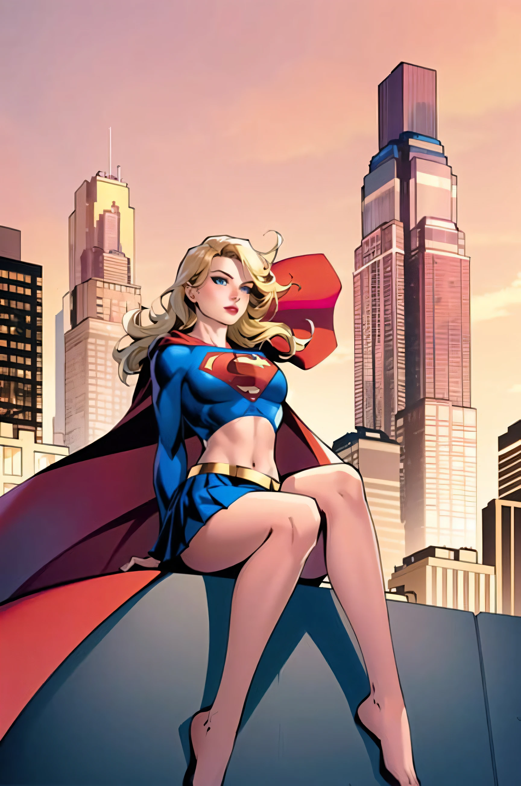 jim lee, 

1girl, arm support, bangs, belt, blue eyes, blue skirt, blush, blonde hair, breasts, building, cape, cityscape, closed mouth, crop top, cropped shirt, day, feet out of frame, floating hair, from below, legs together, long hair, long sleeves, looking at viewer, medium breasts, midriff, navel, outdoors, pink lips, pleated skirt, red cape, sitting, skirt, skyscraper, solo, sunset, superhero, yellow sky

, ((masterpiece))