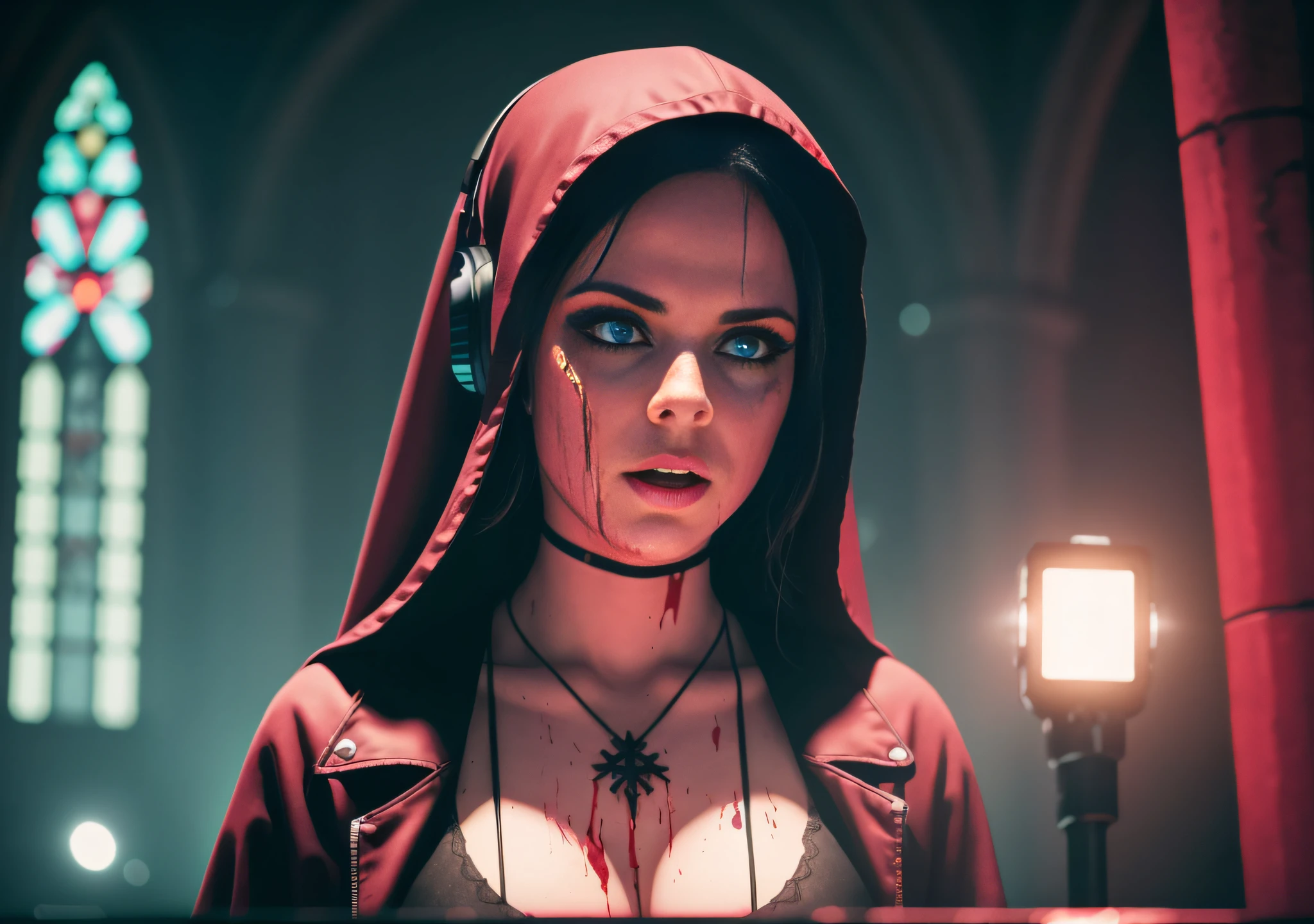 woman dj nun crying blood, dark, horror, red tones, gothic church in the background where we have a rave, ultra realistic, CORRECT EYES, symmetrical eyes, horror movie lighting, scary, chaos, neon lights in the background, realistic, dark, huge breast, Fujifilm Fujichrome Provia 100F movie, flashlight, ultra realistic, 8K UHD. --auto --s2