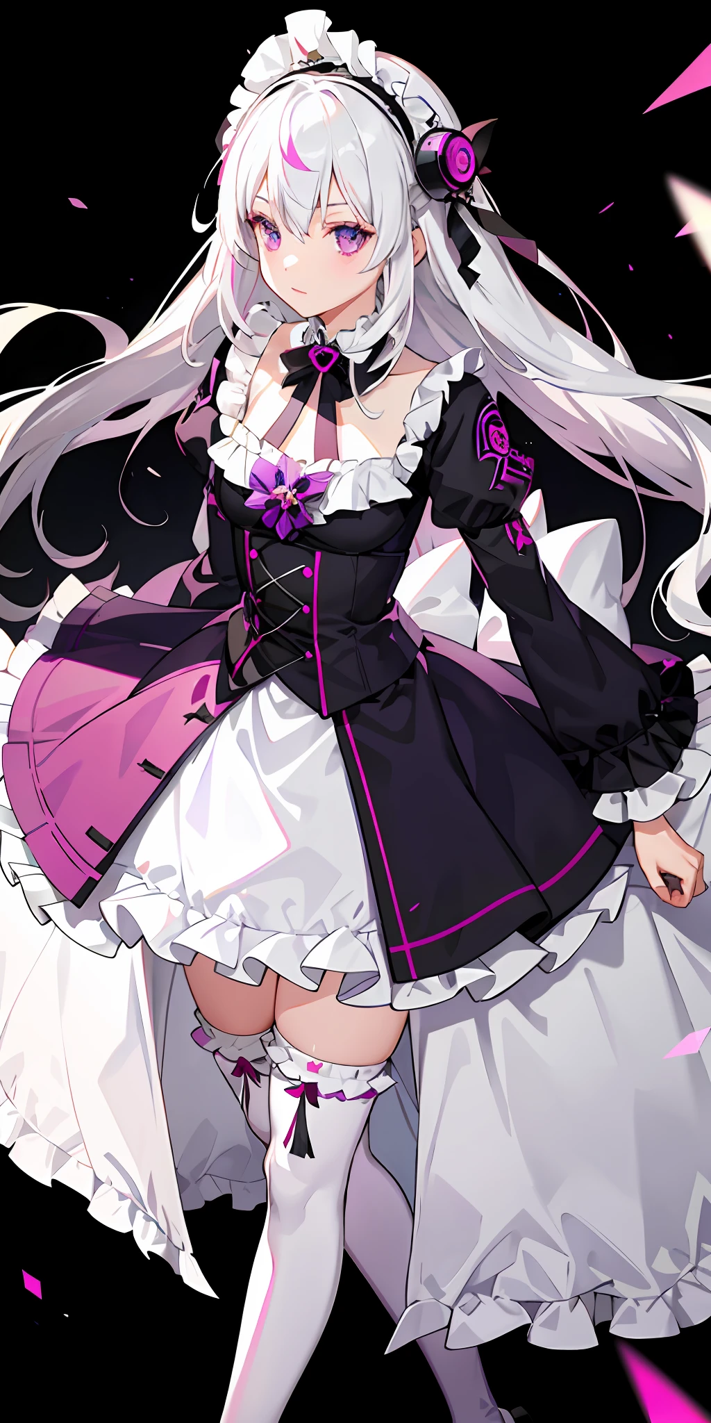 1girl, white hair, multicolored hair, purple eyes, mask on head, side light, light particles, wallpaper, medium chest, pink stockings, Lolita shoes